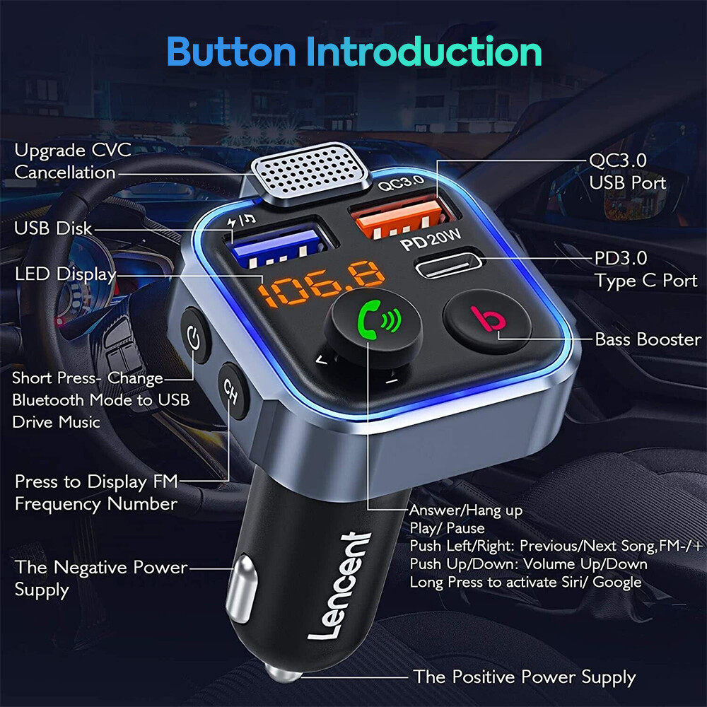 Bluetooth 5.0 Car Wireless FM Transmitter Adapter 2USB PD Charger AUX Hands-Free