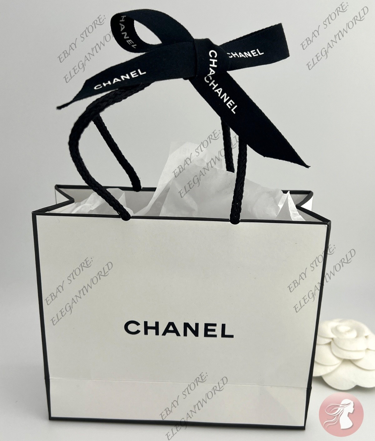 Chanel Small Empty Gift Bag White Paper Classic Black Logo L 5.5 x H 4.5 x D 2"