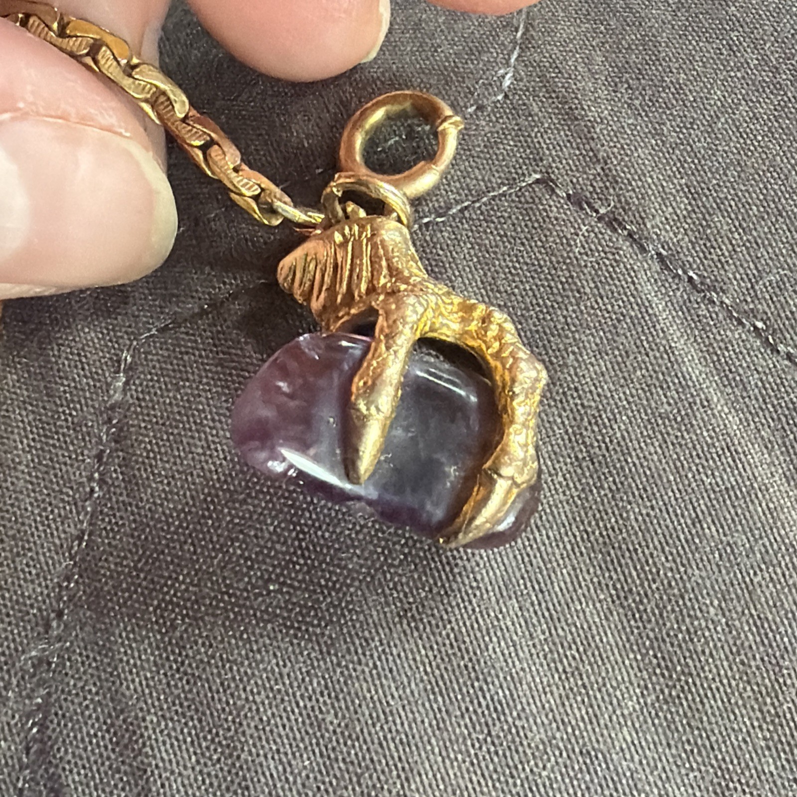 Vintage 9ct Solid Gold Amethyst Dragon Claw Fob Pendant SP Gold Filled 14” Chain