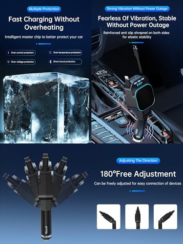 Retractable Car Charger 96W with Bluetooth Car Adapter, 4 in 1 Fast Charging,