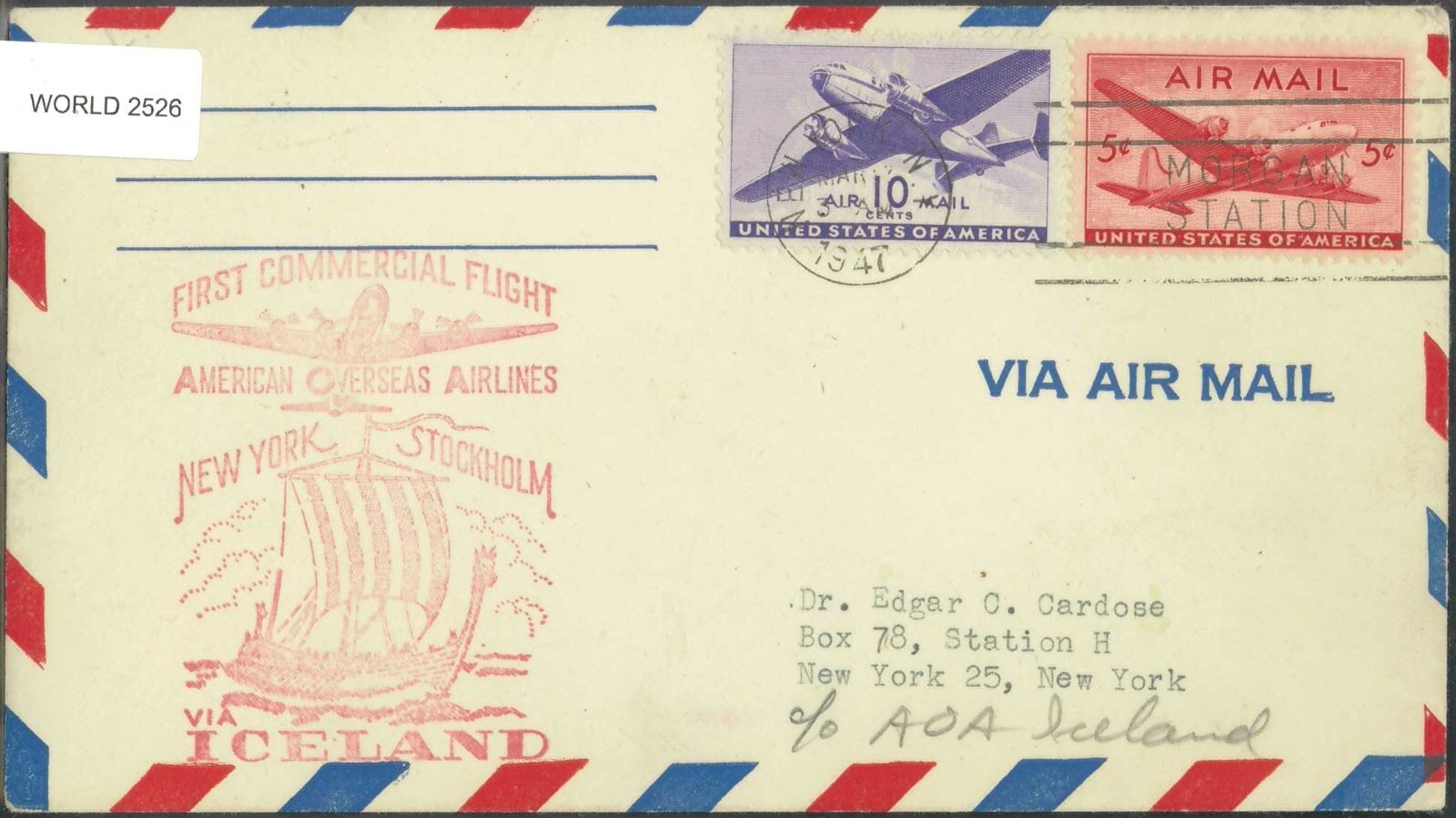 SAVOYSTAMPS USA 1947 1ST COMMERCIAL FLIGHT NEW YORK - STOCKHOLM VIA ICELAND