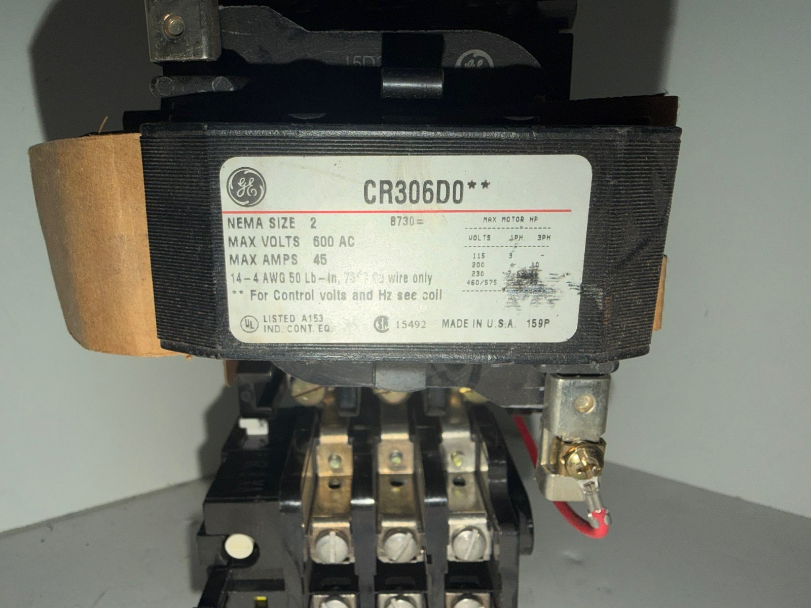 GE NEMA SIZE 2 STARTER CONTACTOR 25 HP 3PH 600 VAC 45 AMP CR306D0 W/ CR305X200A