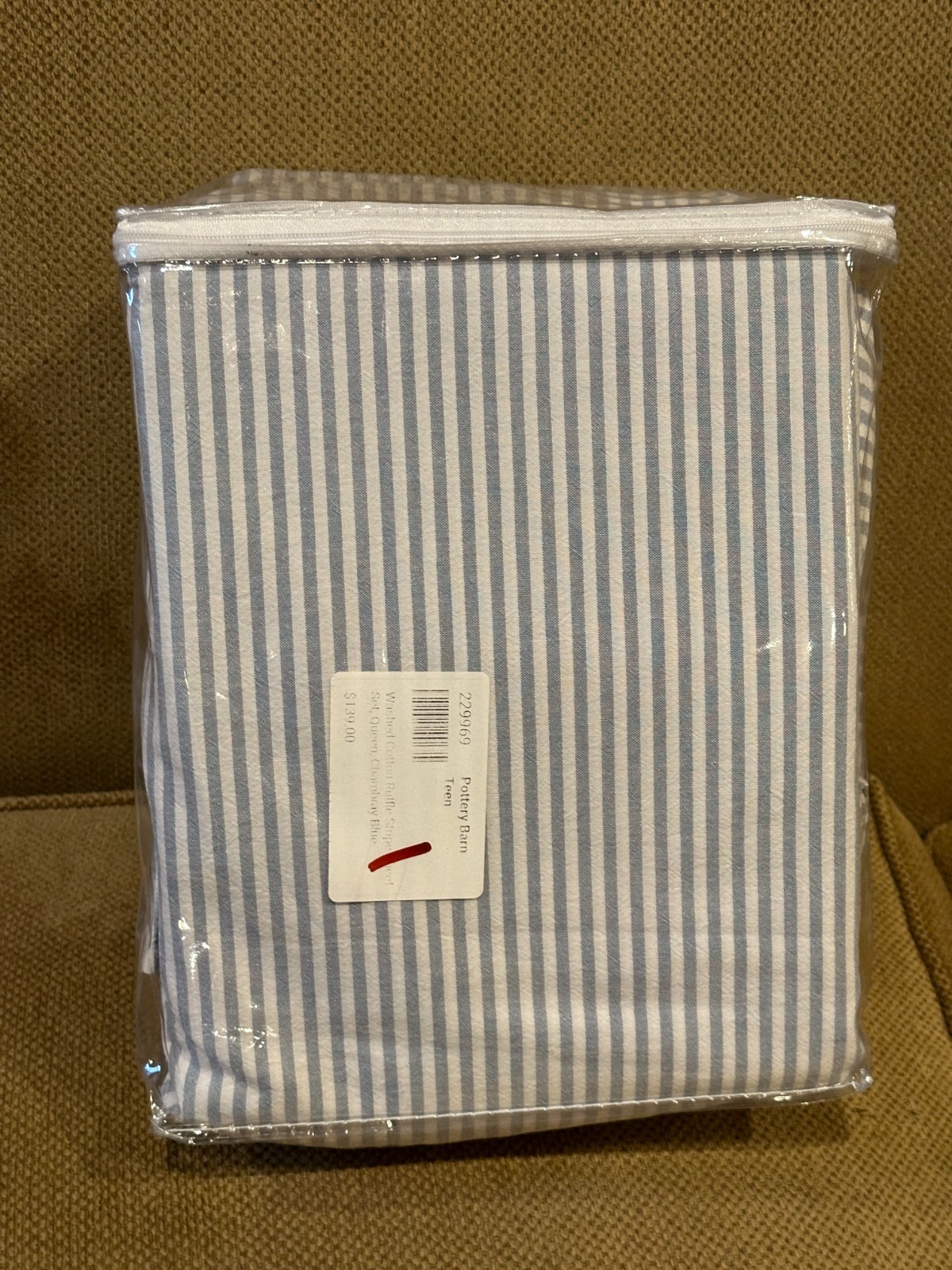 Pottery Barn Teen WASHED COTTON RUFFLE STRIPE QUEEN SHEET SET CHAMBRAY BLUE NEW