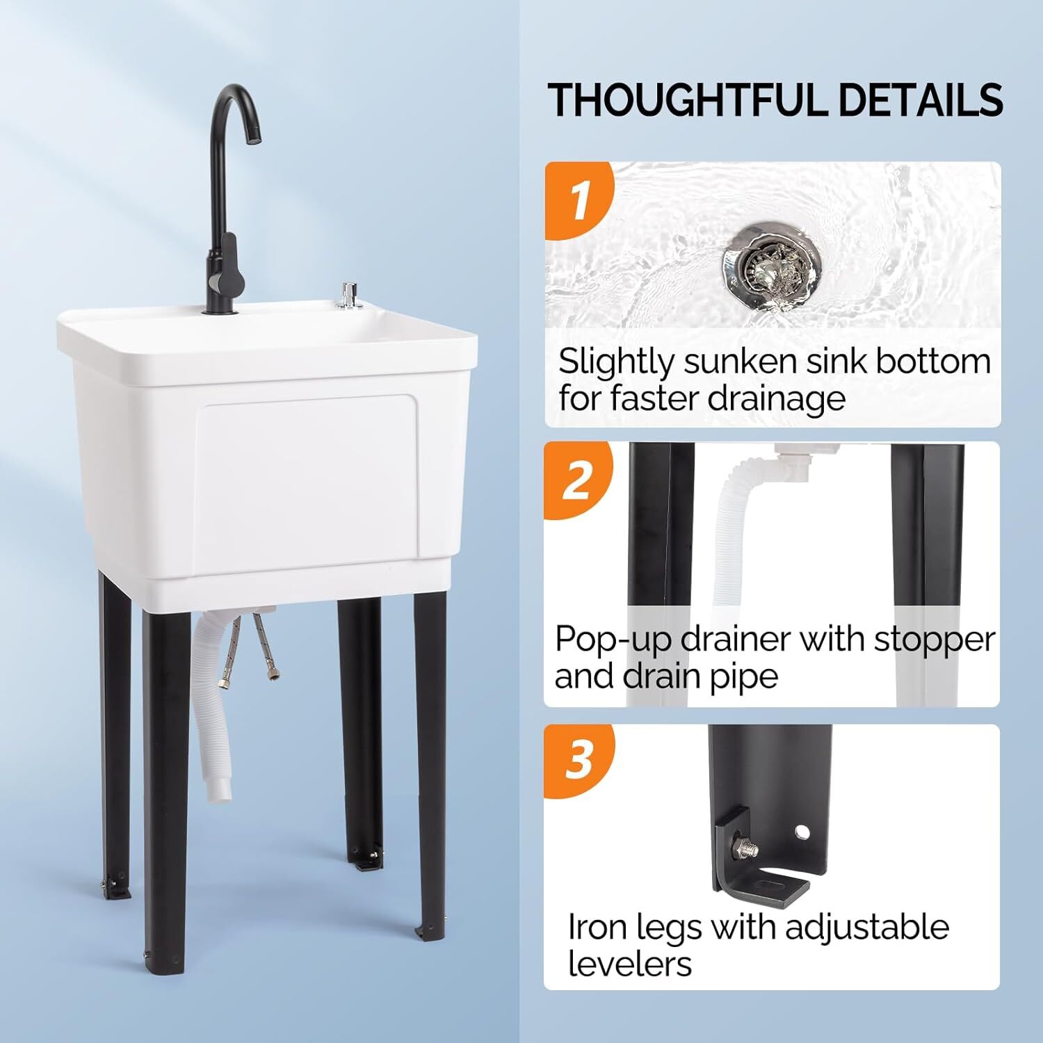 Utility Sink Laundry Tub for Washing Room with Stainless Steel Faucet Space Save