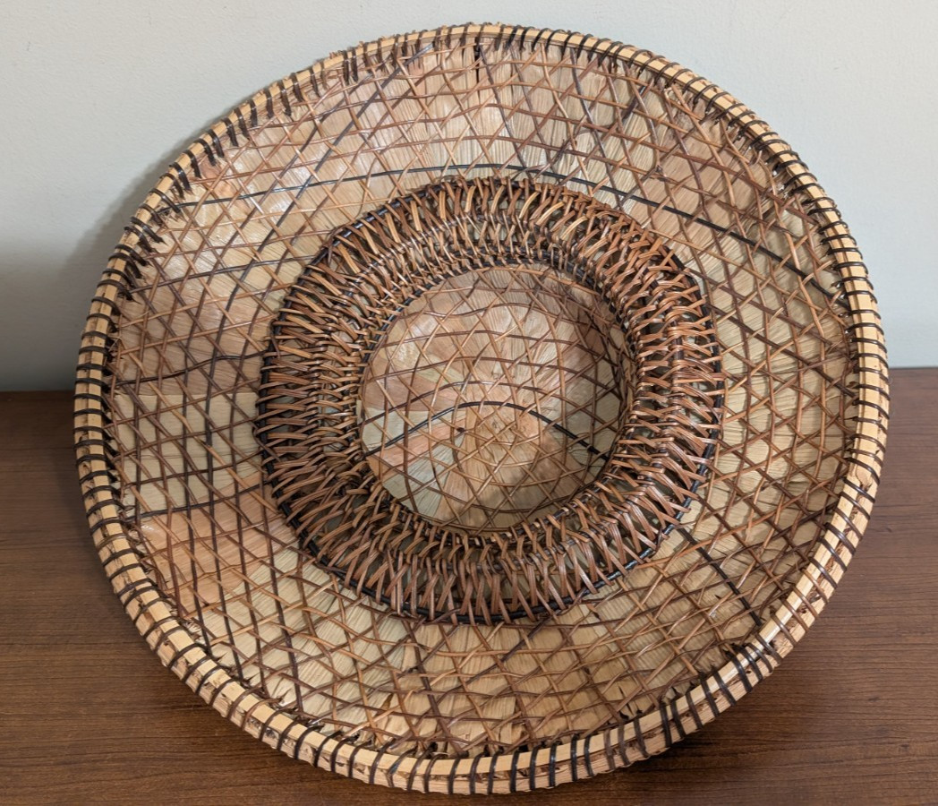 Vintage Filipino Salakot Woven Rattan and Coconut Fiber Sun Hat 15” Diameter