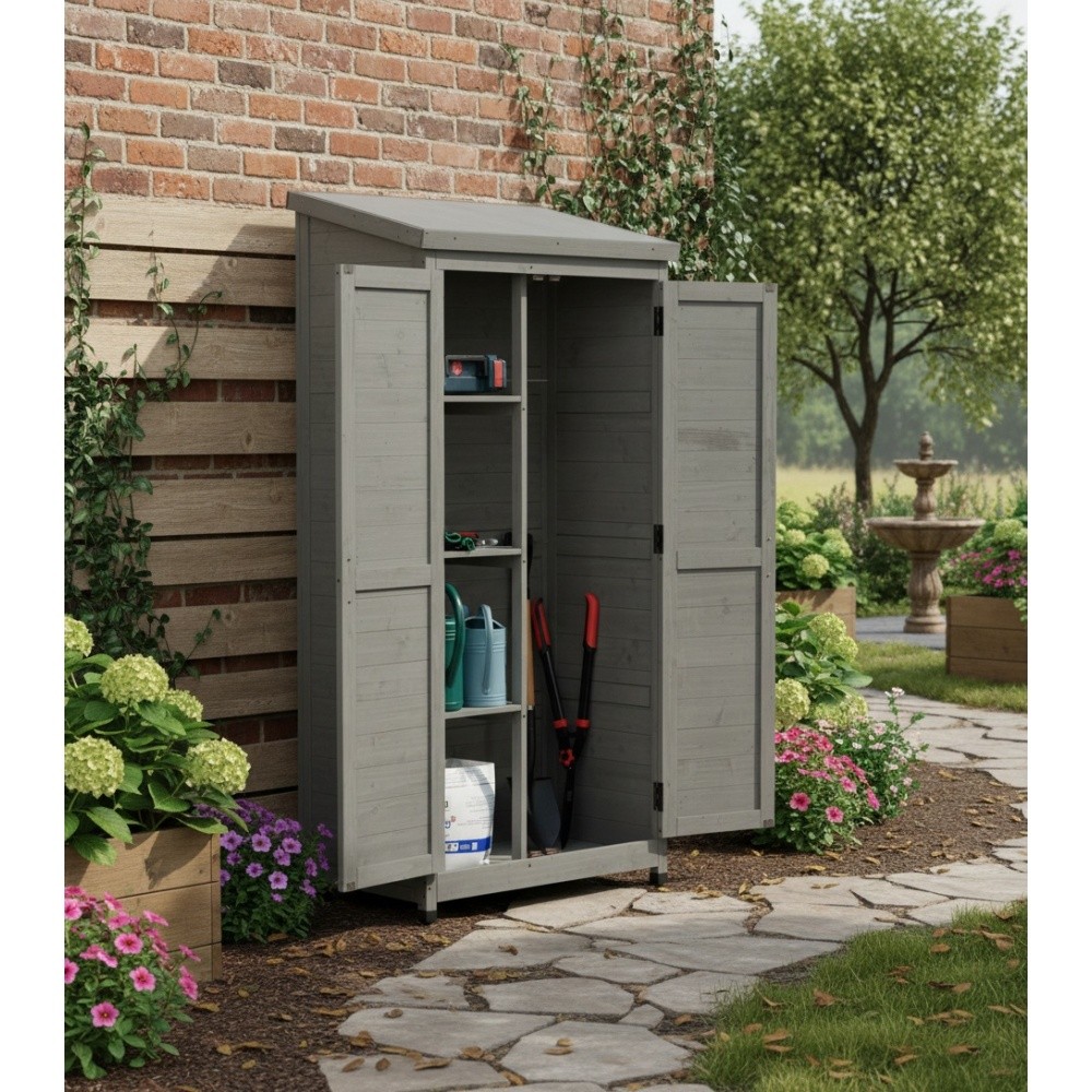 Outdoor Wooden Storage Shed W Metal Top Tall Vertical Tool Cabinet
