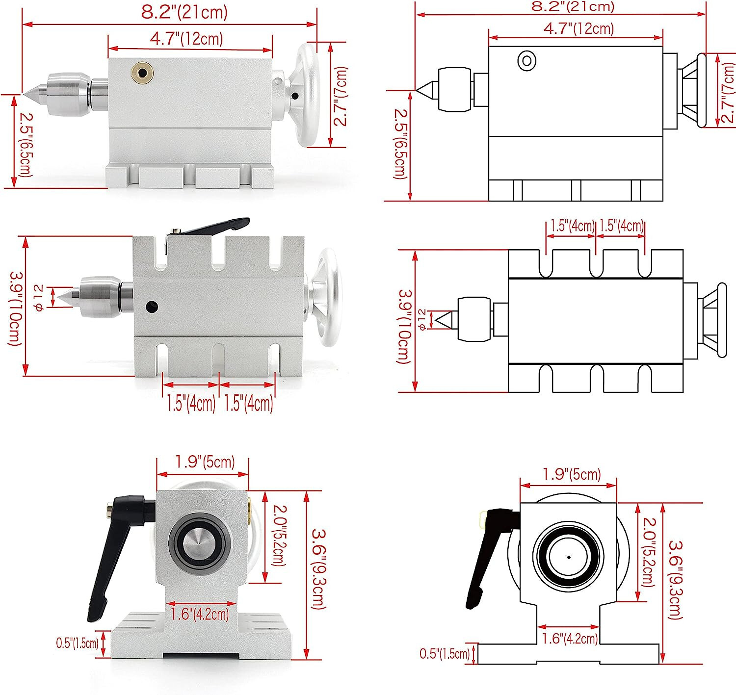 〖US〗CNC Rotation 4th Axis 100mm 4 Jaw Chuck Rotary Table with MT2 65mm Tailstock