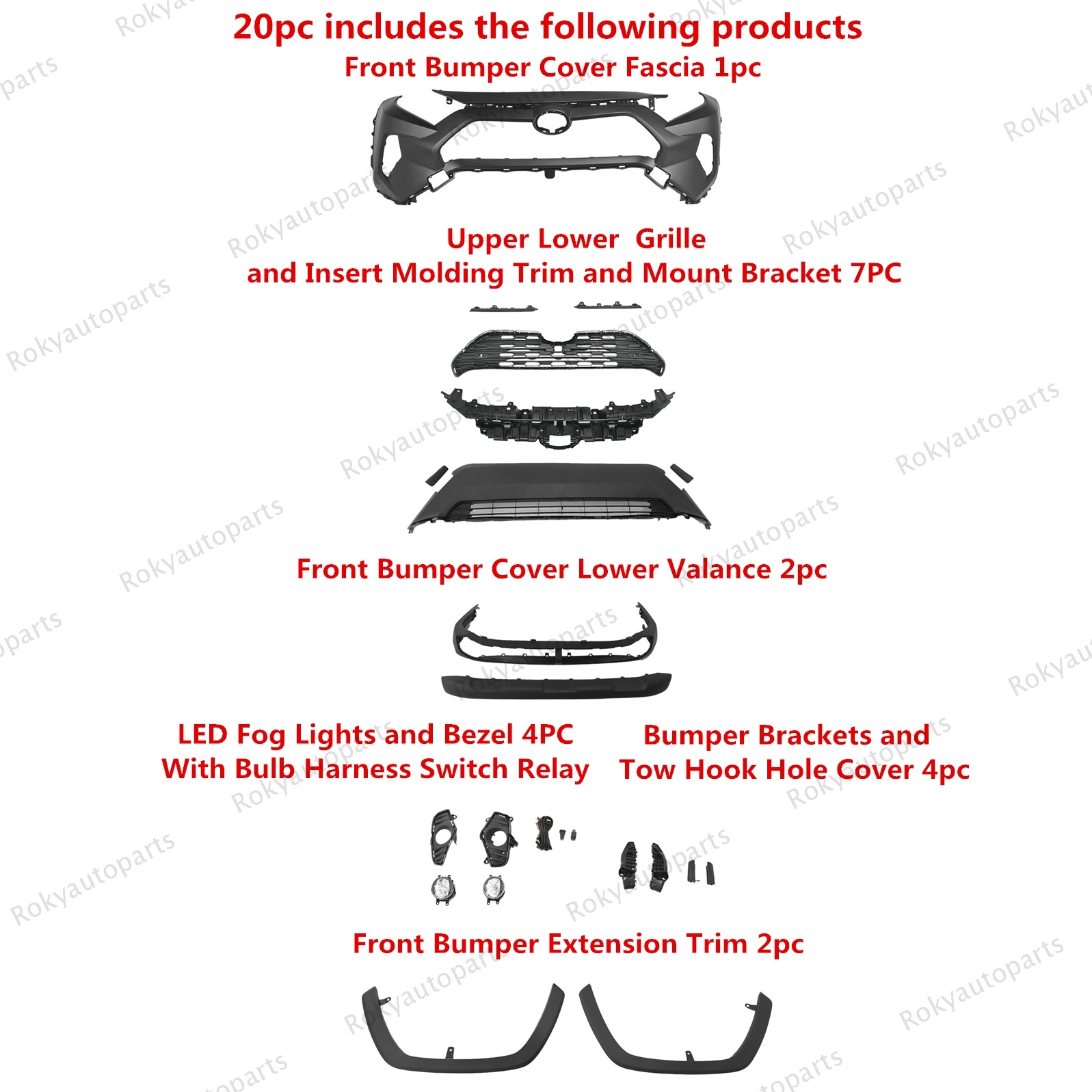 For RAV4 2019-2024 Front Bumper Cover,Upper Lower Grilles,Fog Lights&Fender Trim