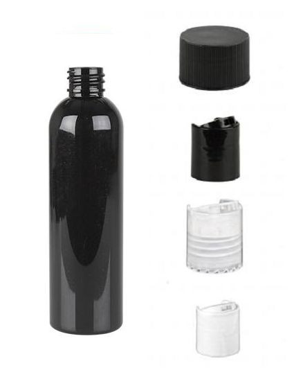 4 oz BLACK Bullet Plastic Bottle -PET- 12 bottles & BLACK DISC Lids
