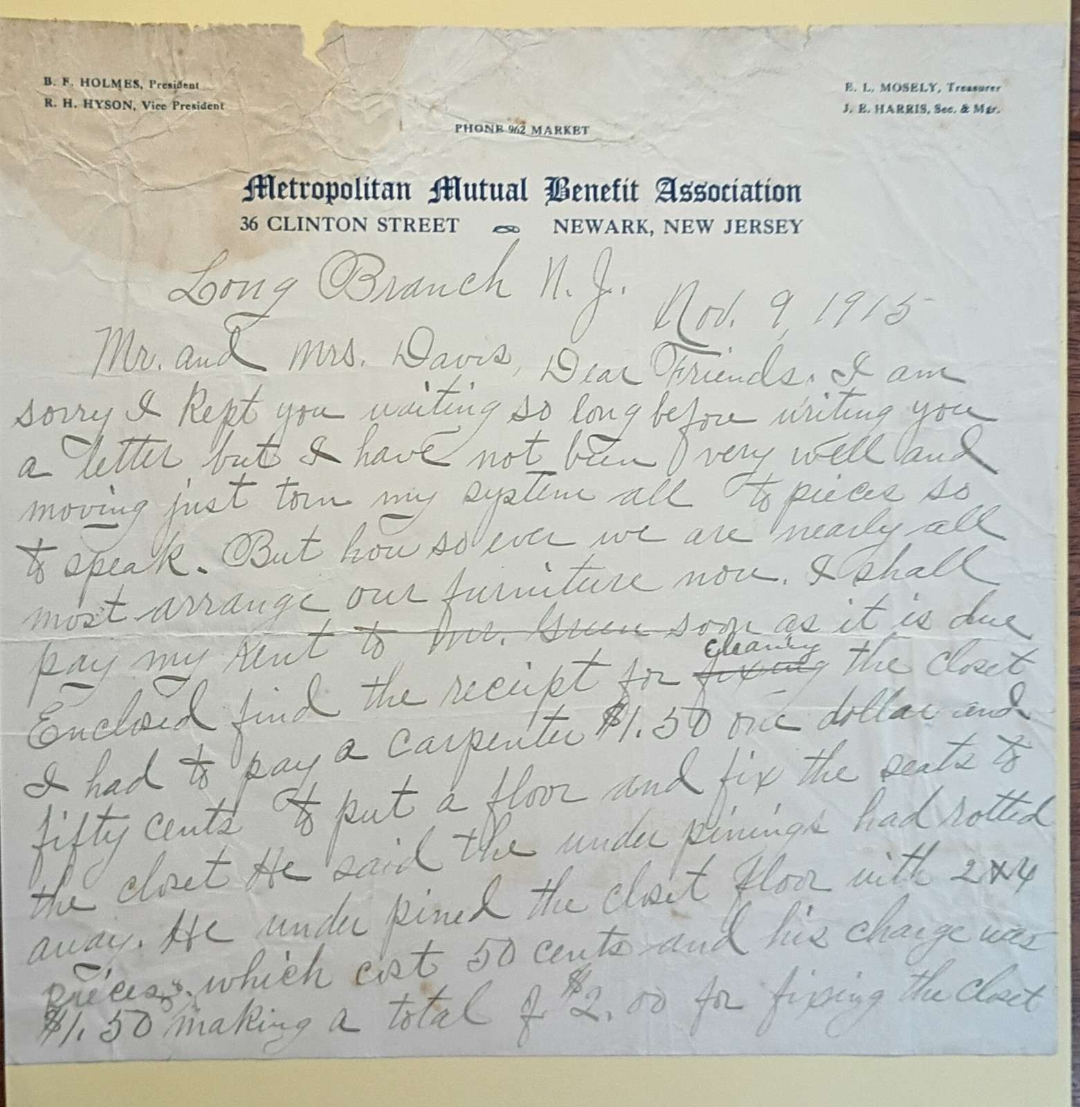 1915 (MMBA) Mutual Aid Society Letter Black Resort Long Branch NJ PRE-GREEN BOOK