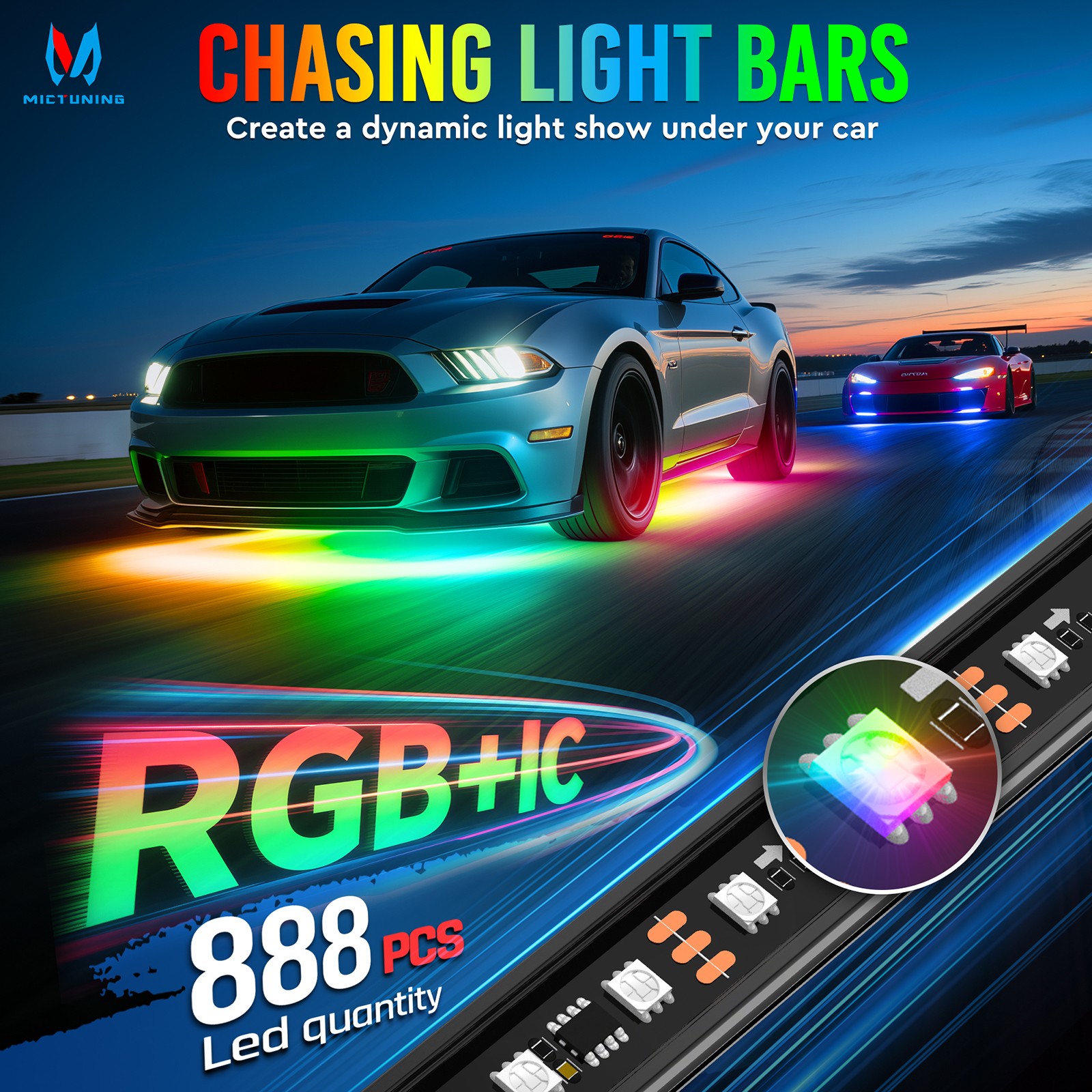 8Pcs RGB+IC Underglow LED Light Bar Car Exterior Neon Kit Underbody Light Strip