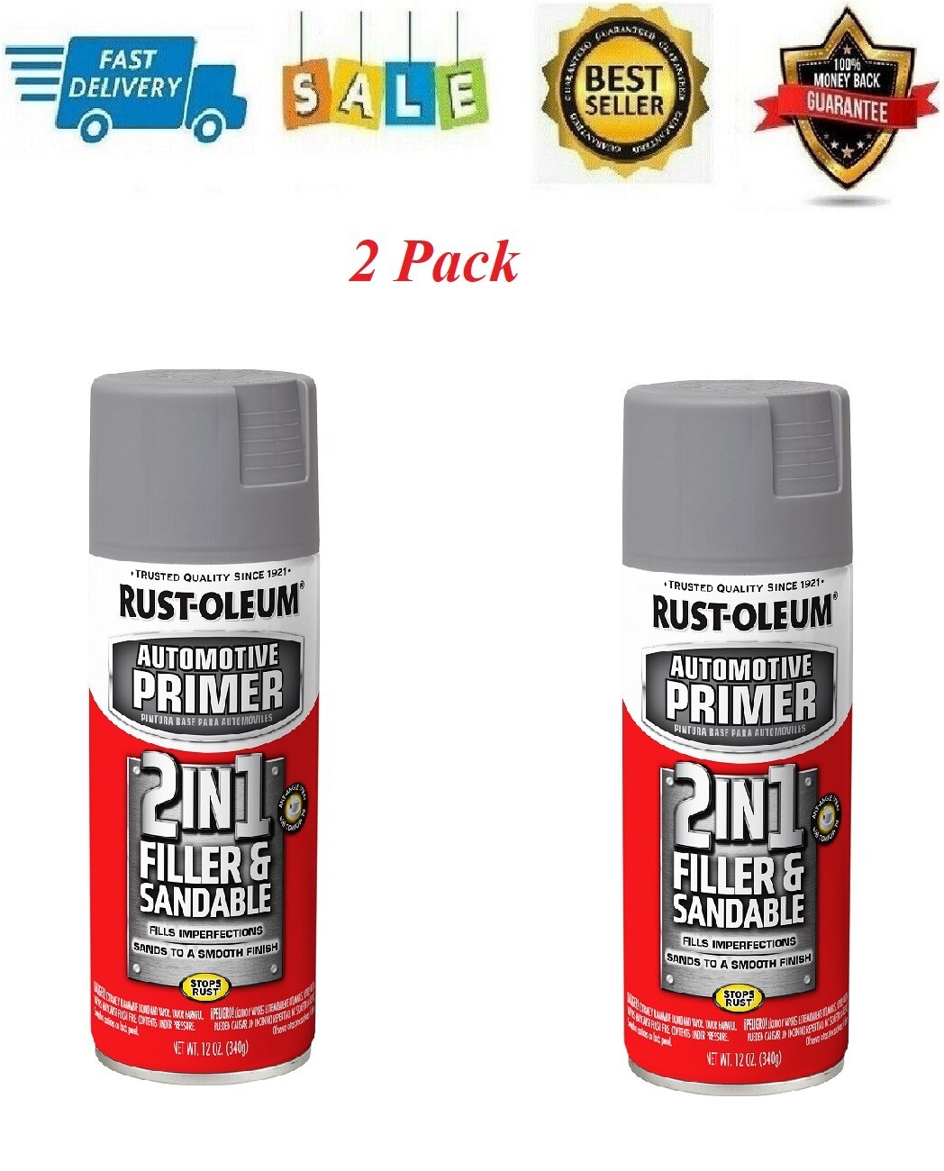 2 Pack Rust-Oleum Automotive 2 in 1 Filler Sandable Primer Spray Paint 12oz Gray