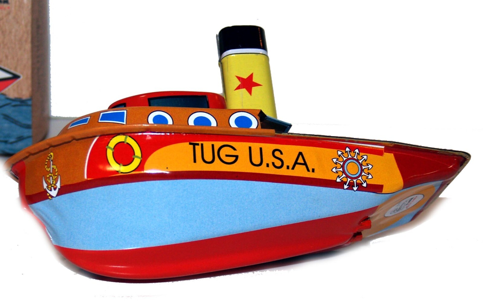 Pop Pop Boat Tug Boat USA Tin Toy