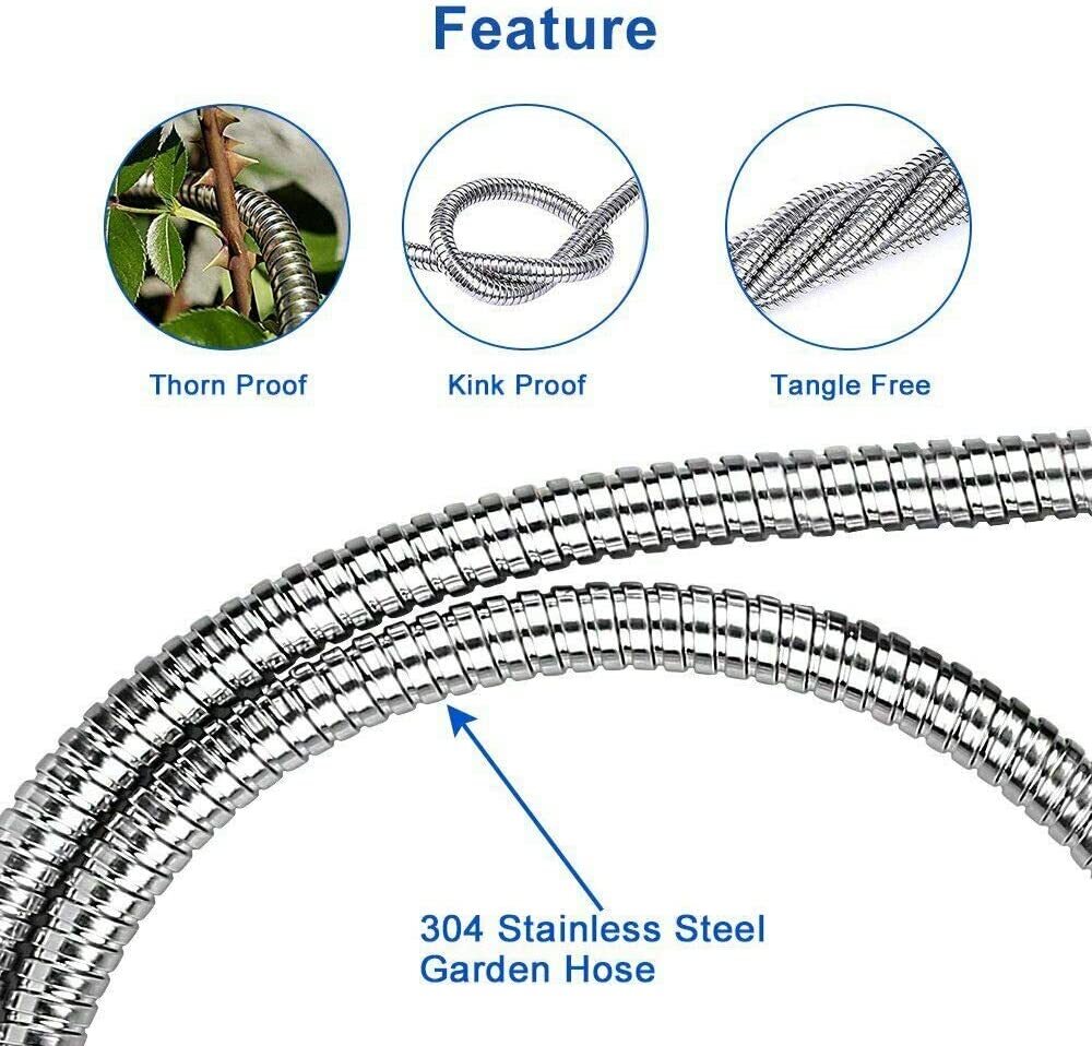 25/50/75/100FT 304 Stainless Steel Metal Garden Water Hose Flexible Patio Home
