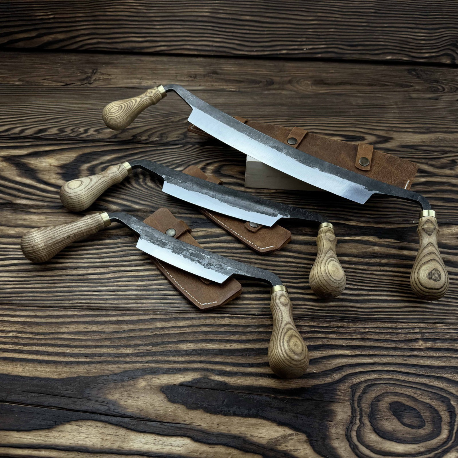 Straight Drawknife Hand-Forged 3-piece Set Ash Handles Steel Blades Gift.