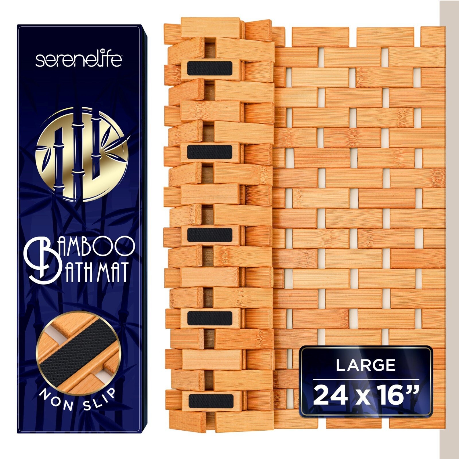 SereneLife Bamboo Floor Bath & Shower Mat with Extra Non-Slip Grips (Natural)