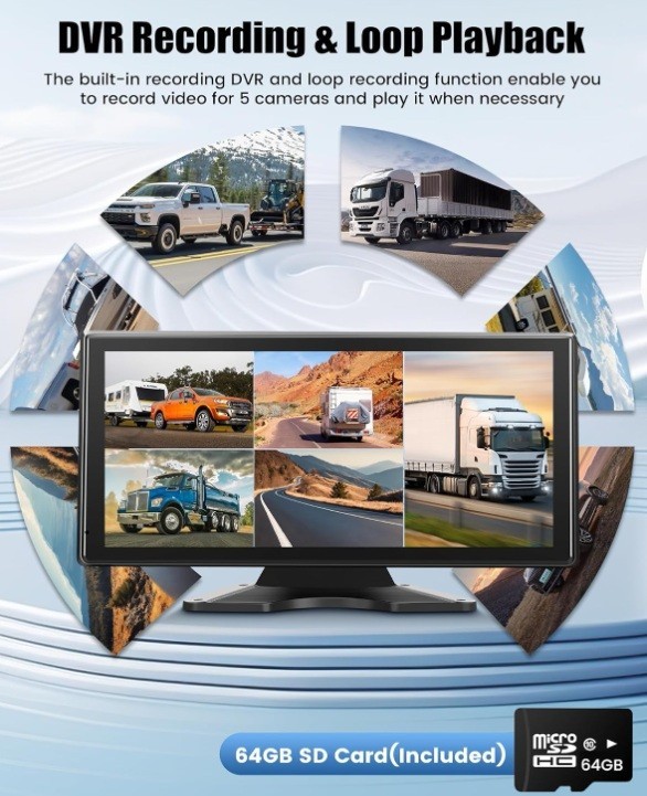 5 Ch Camera System for Truck & RV 10.36” IPS Touchscreen 5 1080P HD Cameras IP69