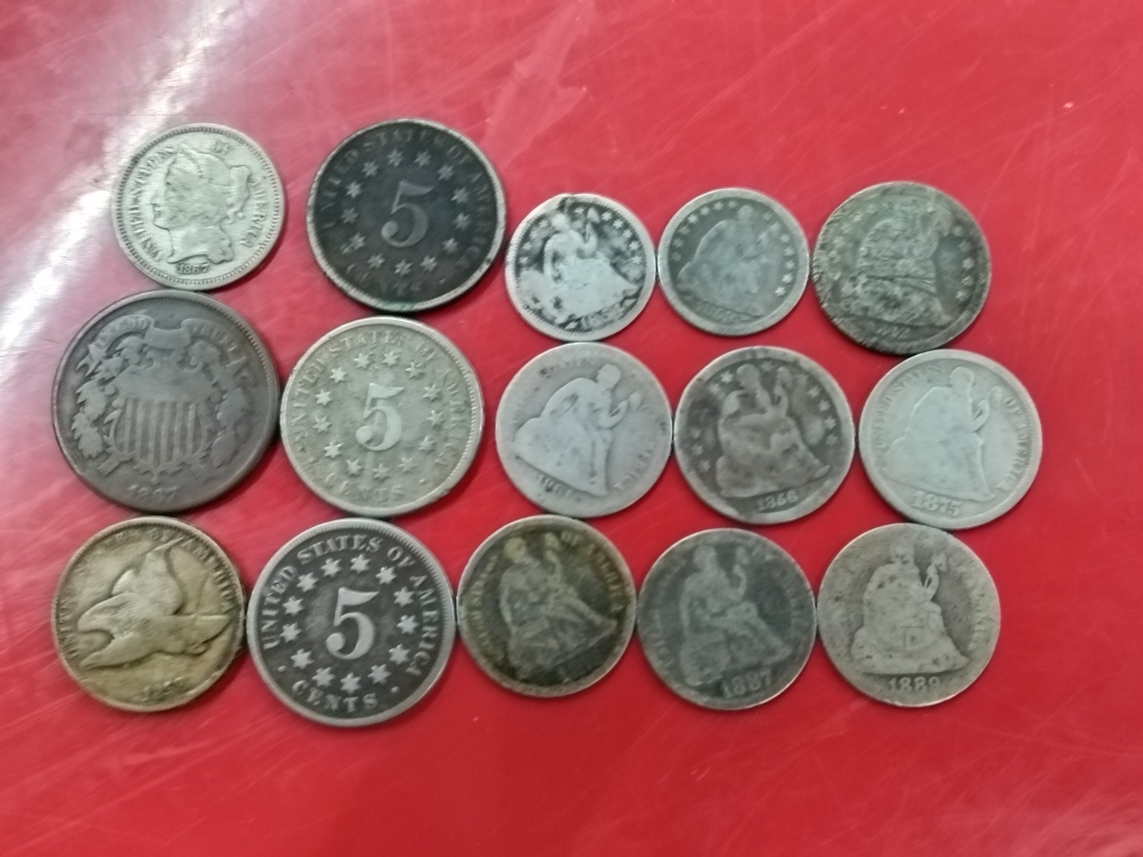 Lot of 15 Mixed Lowball Civil War Era 1842-1889 Silver/Copper Coins Penny-Dime