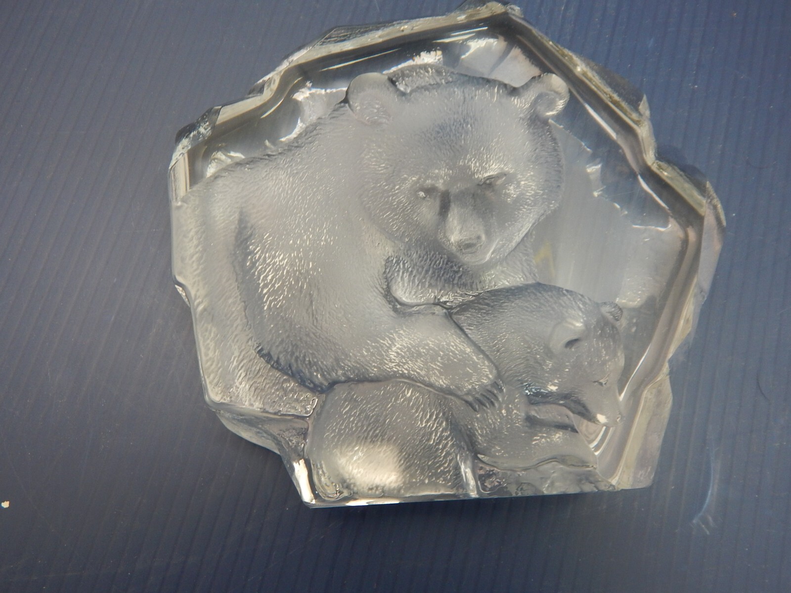 MATS JONASSON LEAD CRYSTAL SCULPTURE, BEAR AND CUB, RARE ONE, SIGNED