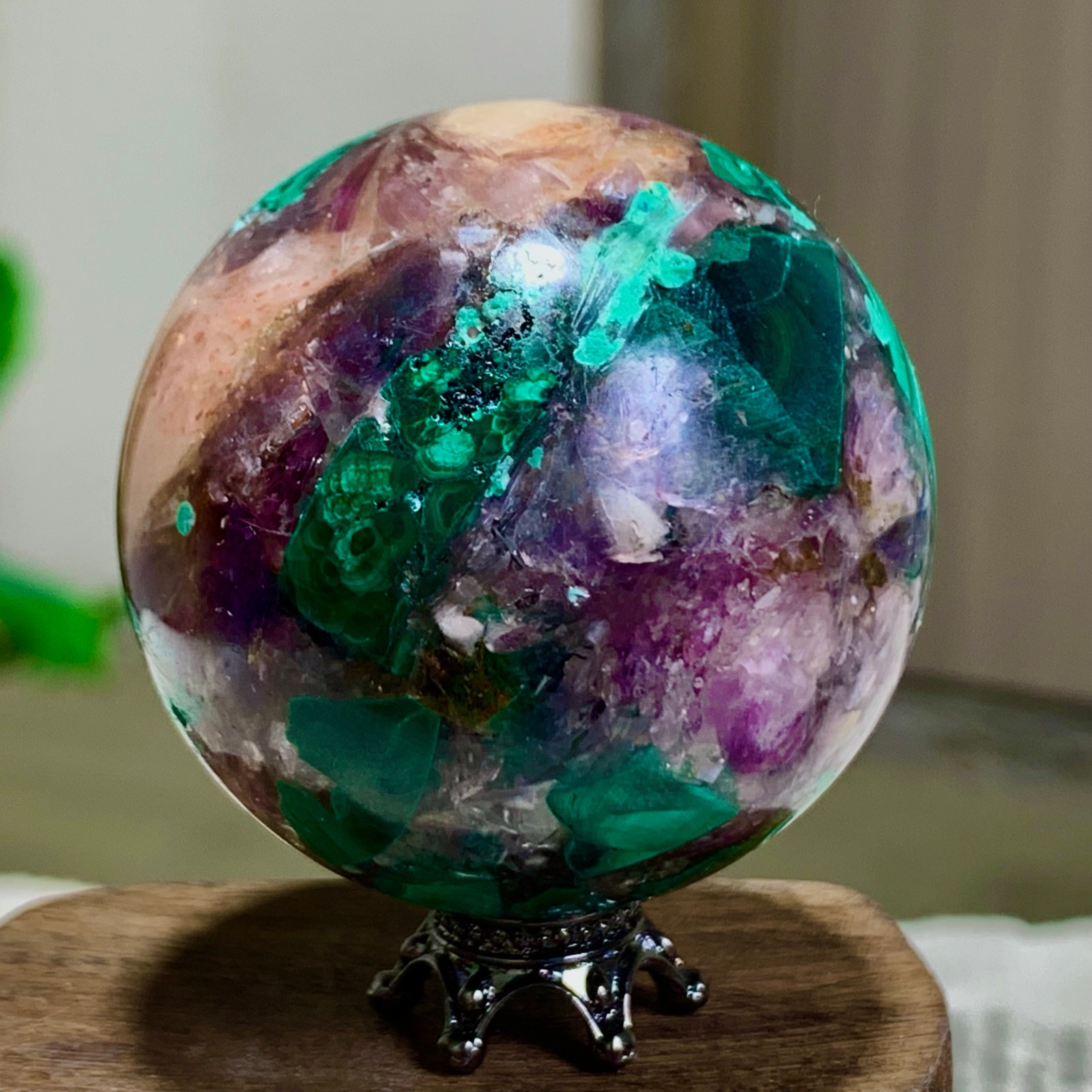 108G Newly discovered rare malachite purple mica symbiotic sphere restoration