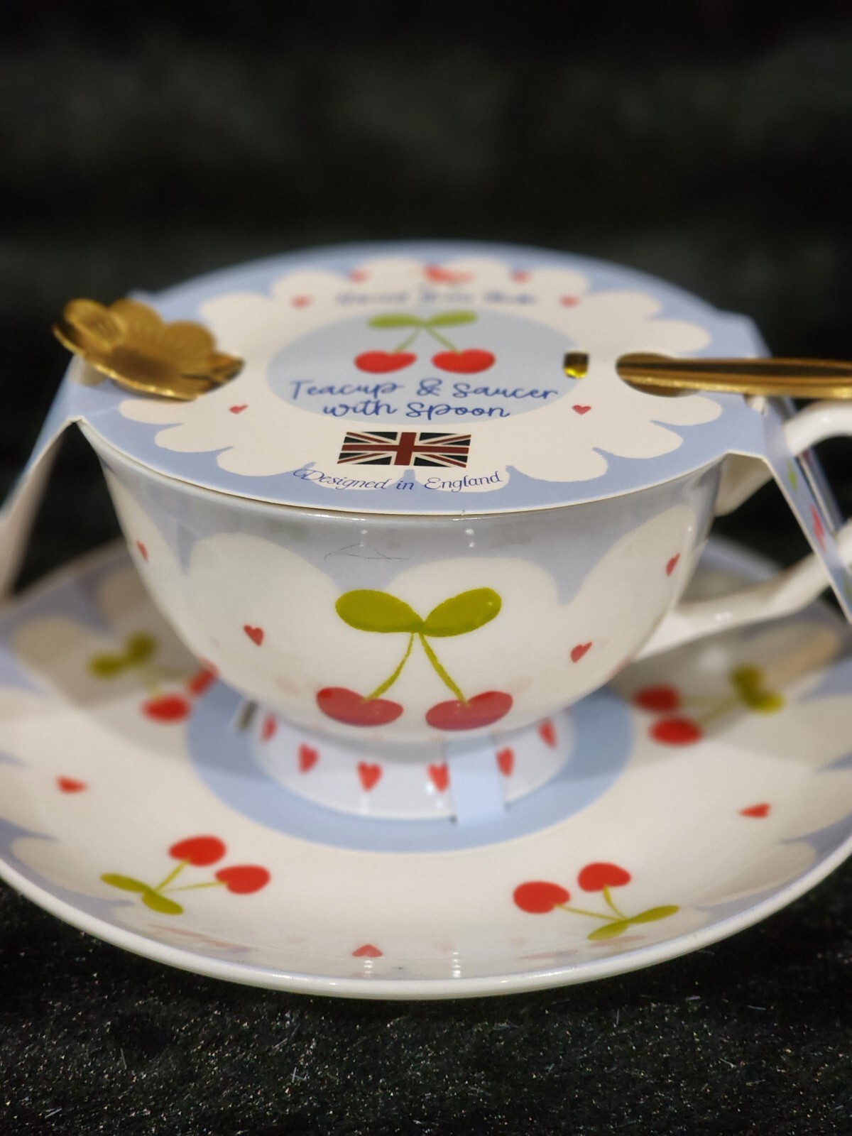 Cherry Bows Teacup & Saucer w Flower Spoon Hearts Blue Red White Lacey Cherries