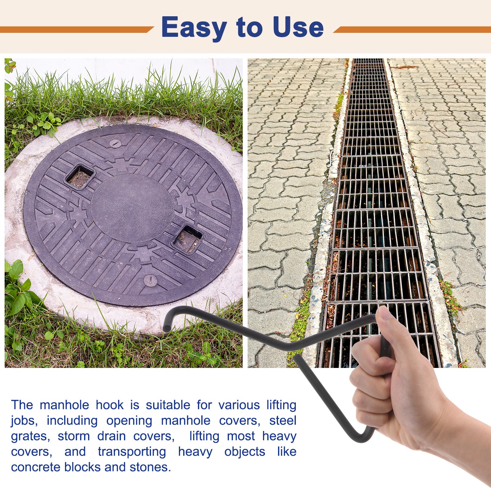 2pcs 9.8" Manhole Hook for Manhole Covers Storm Drain Cover Carbon Steel Black