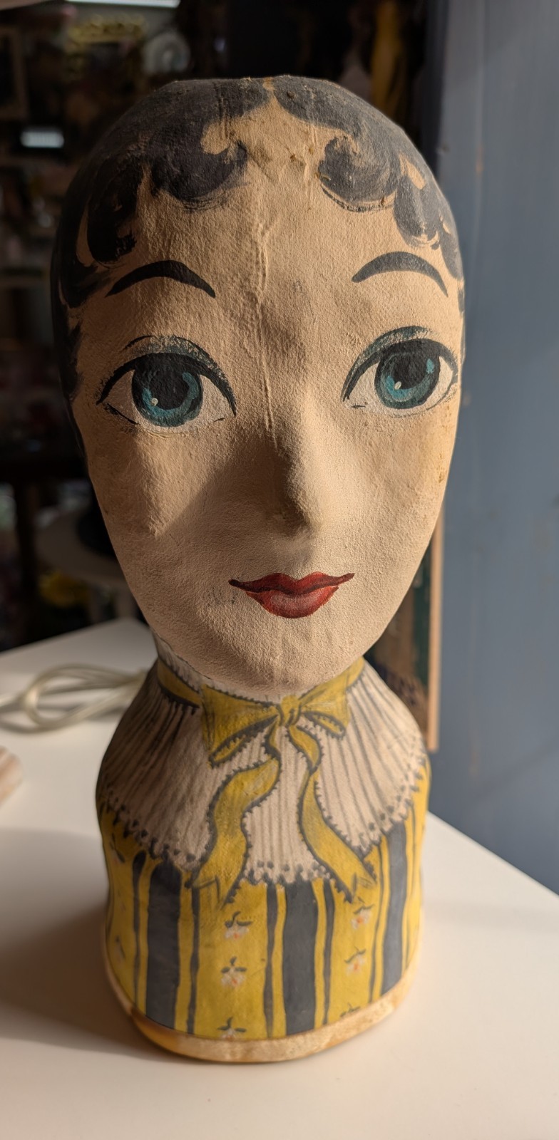 Vintage Millinery Head Hand Painted Plaster Paper Mache Fabric ANIQUE 13"