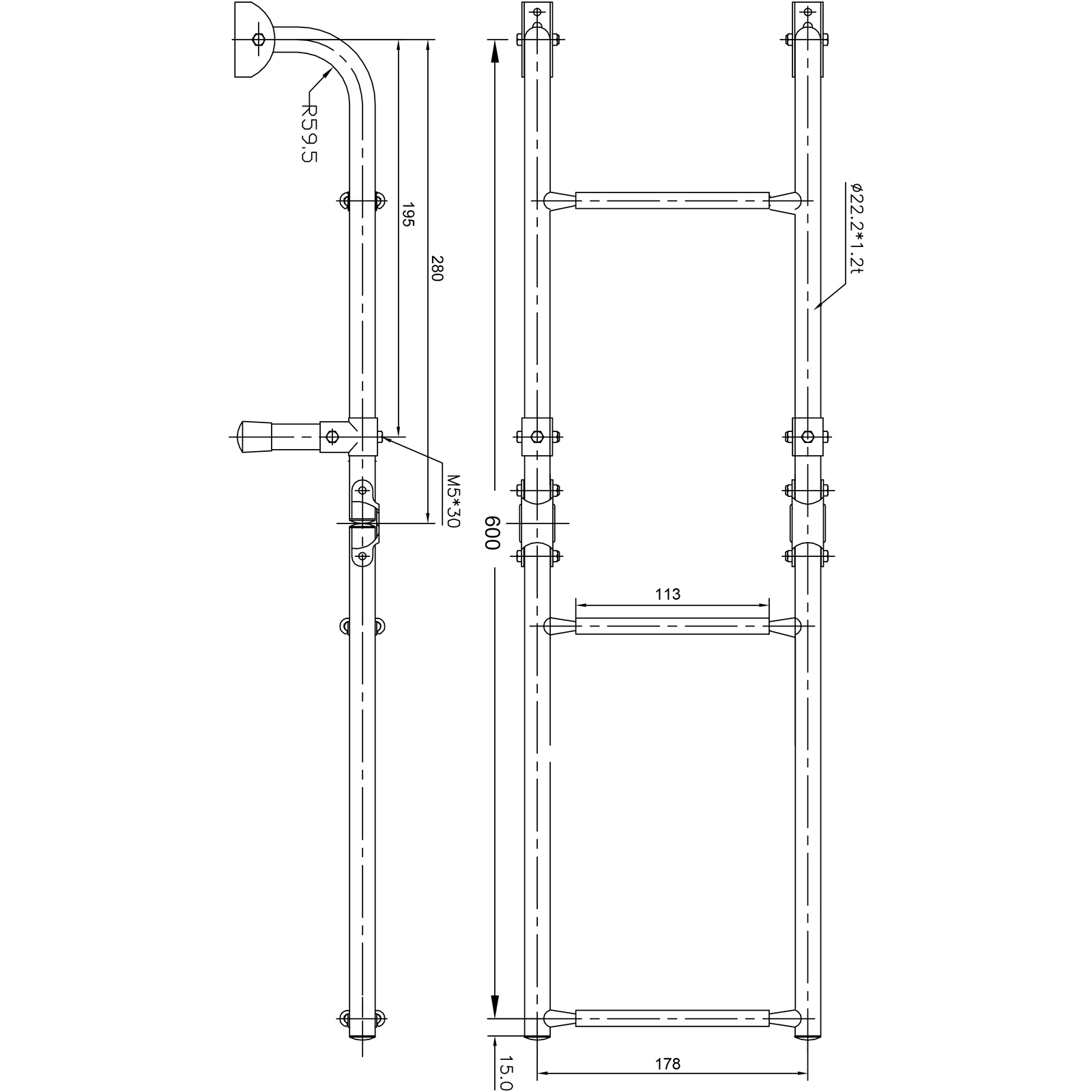 Stainless Foldable Boat Ladder Folding Boarding Ladder Transom 3 Step Narrow