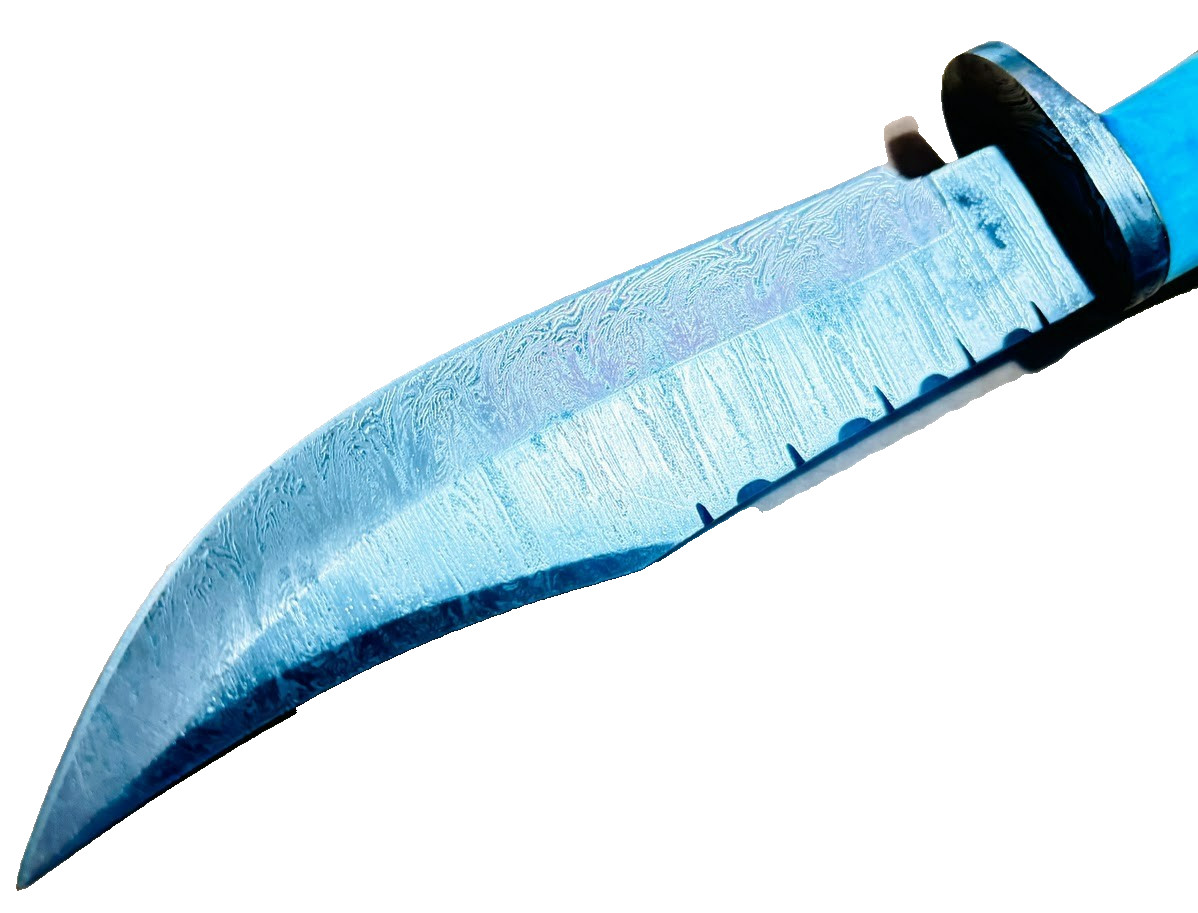 Blue Stag Bone Handle Damascus Fixed Blade Knife, Custom Made
