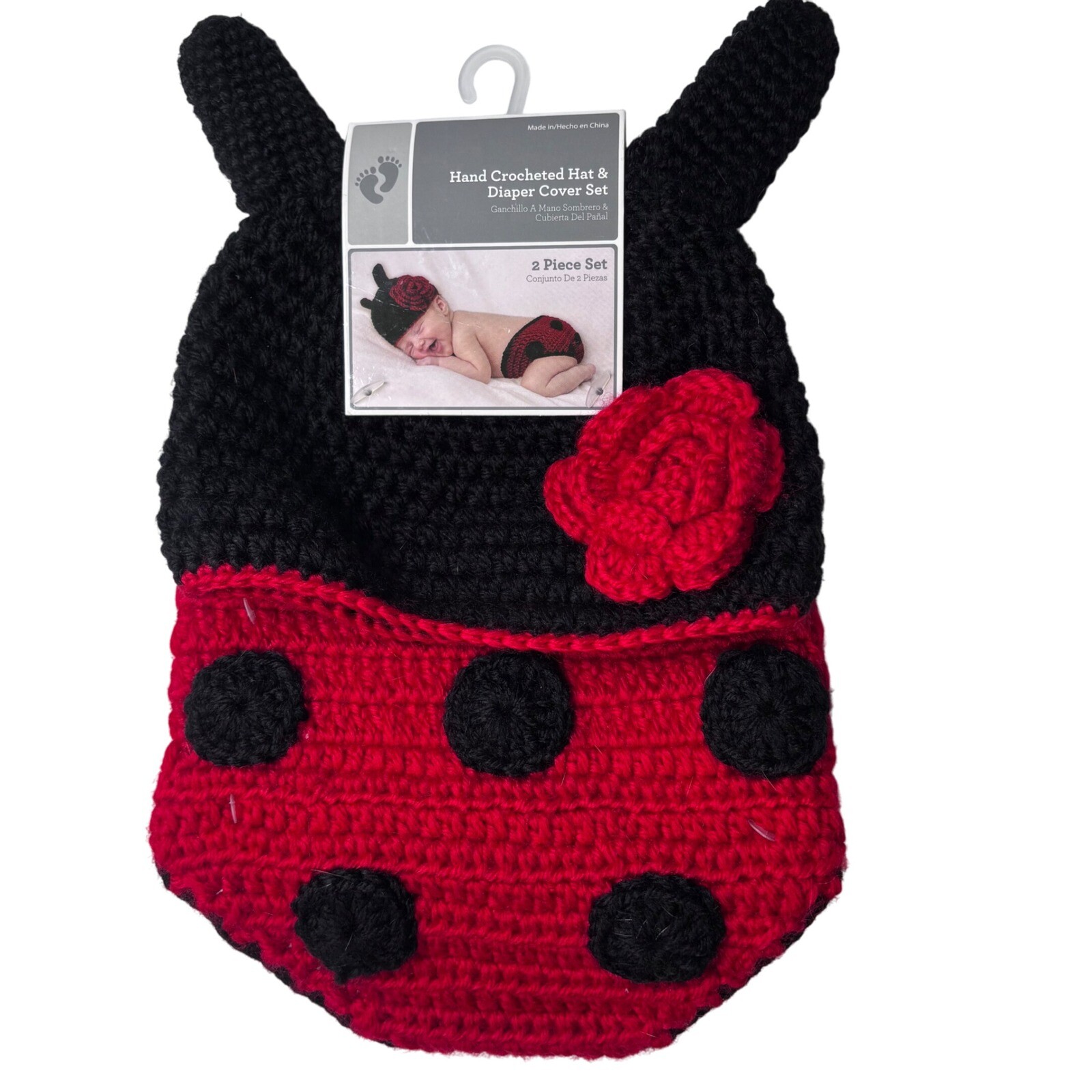 NWT Hand Crocheted Hat & Diaper Cover Set 0-9 Months Ladybug for Baby Photos