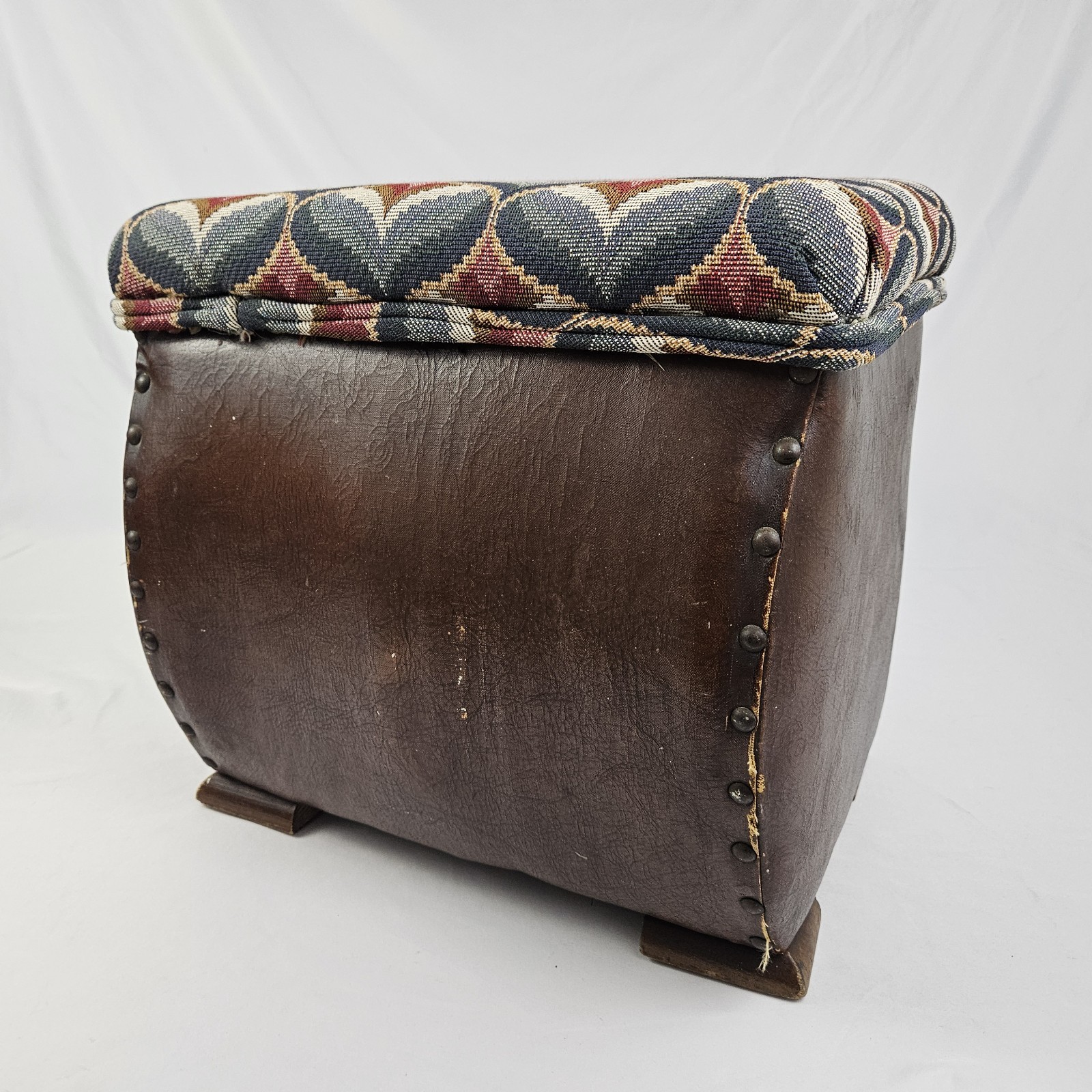 Chinoisiere Footstool Ottoman Leather Upholstered Vintage Chinese Chippendale
