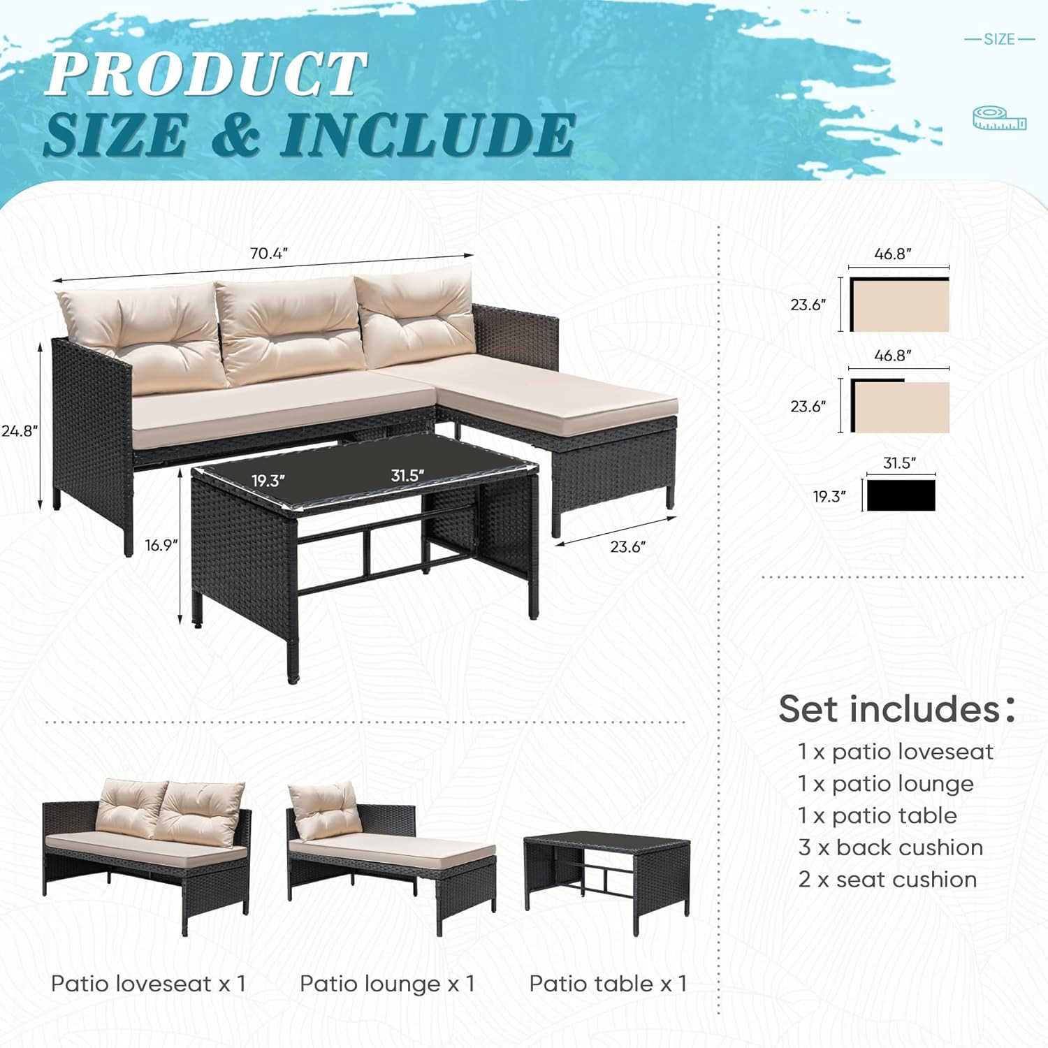 3 Piece Patio Furniture Set Outdoor Wicker Rattan Sectional Sofa with Cushions &