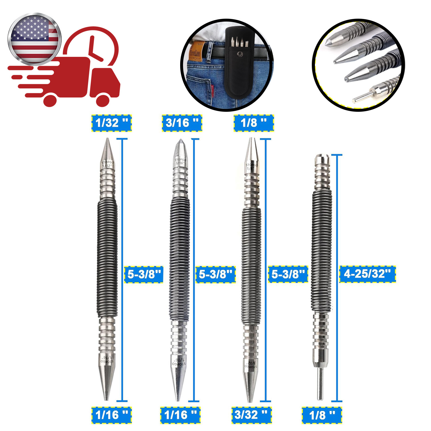 4Pcs Spring Loaded Nail Set Tool, Hammerless Center Punch for Trim Carpentry