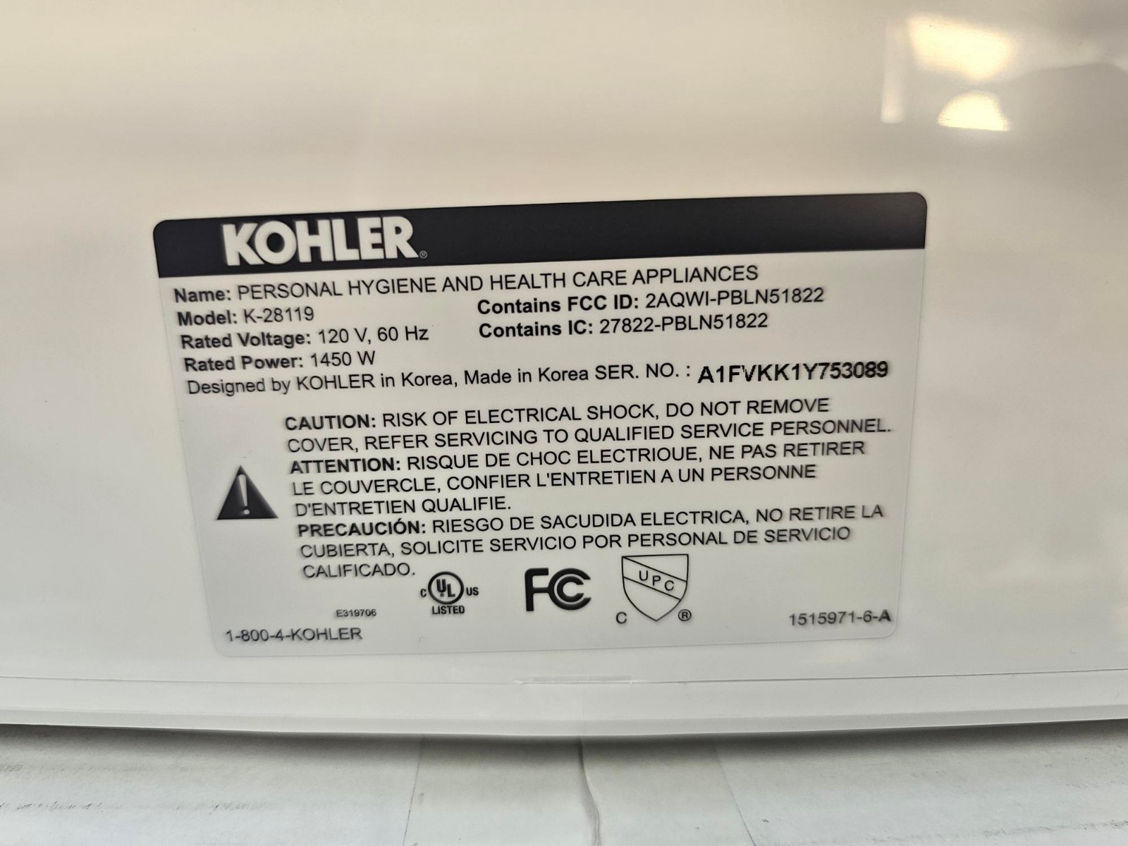 Enlongated Kohler C3-325 28119-0 Bidet Toilet Seat Heated w/ Remote