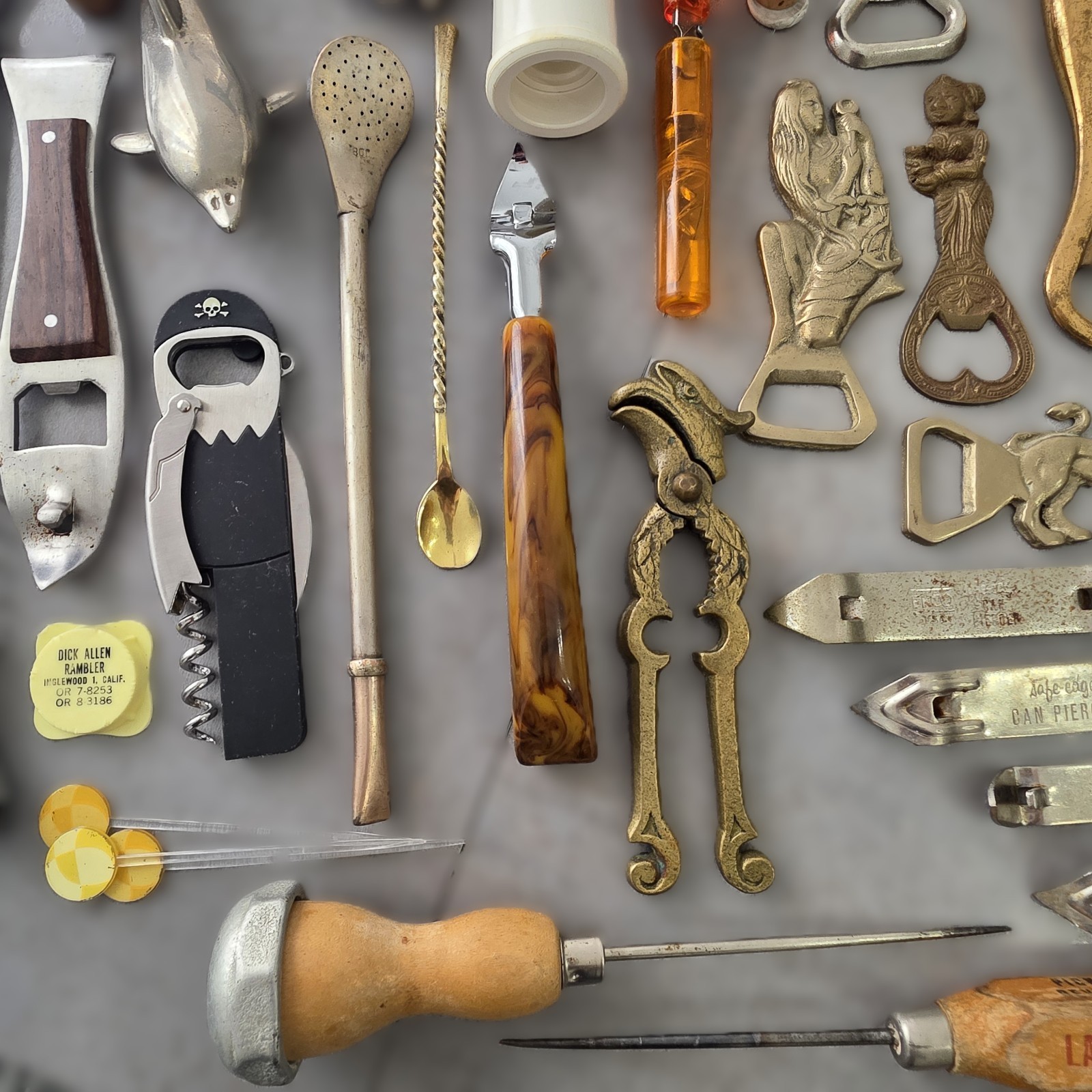 58 pc Lot of Vintage Bottle Openers, Picks, Barware, Bronze, Brass, Chrome, etc.