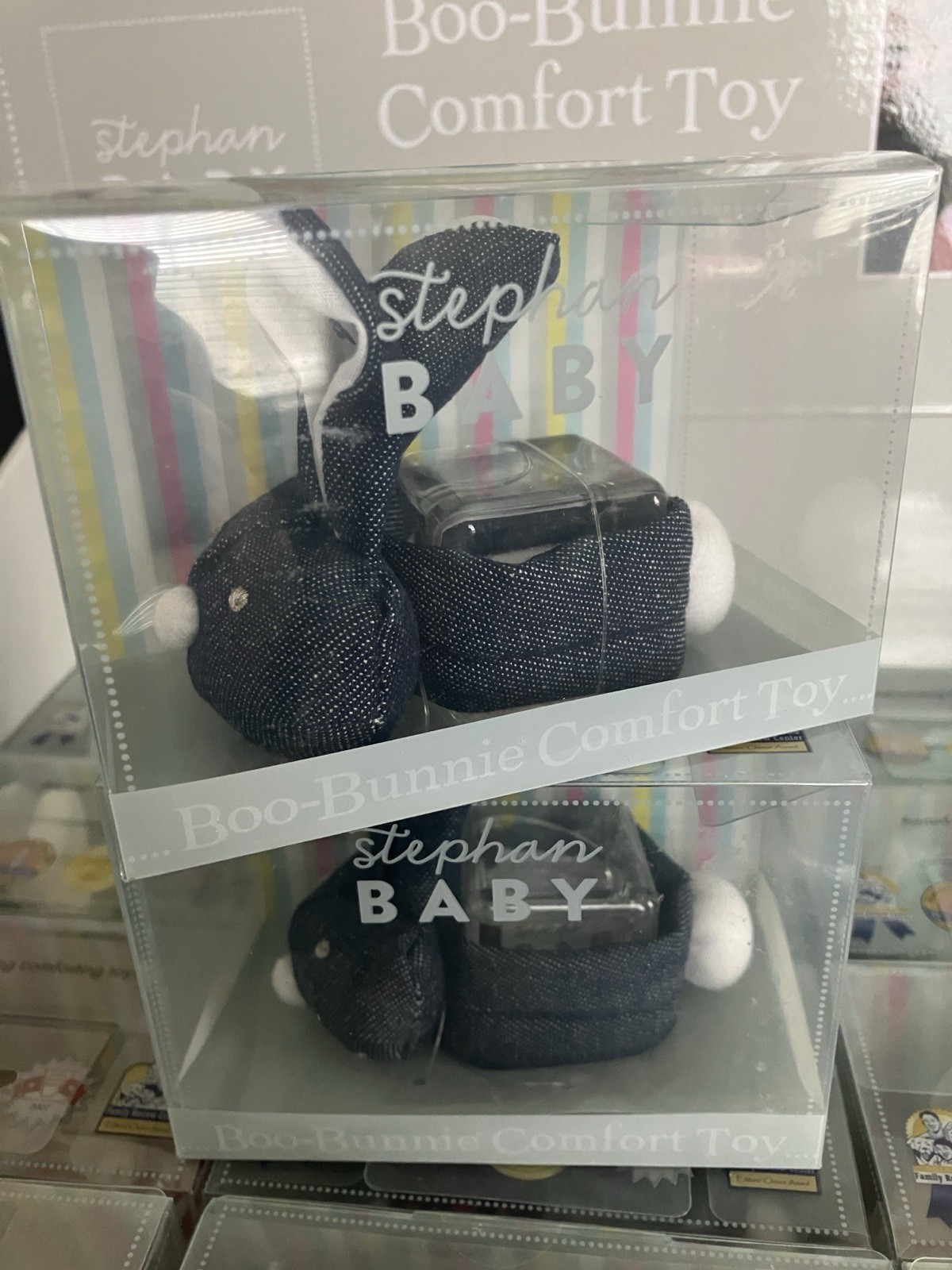 New Stephan Baby Boo-Bunnie Denim Plush Comfort Toy w/ Boo Cube Soothing