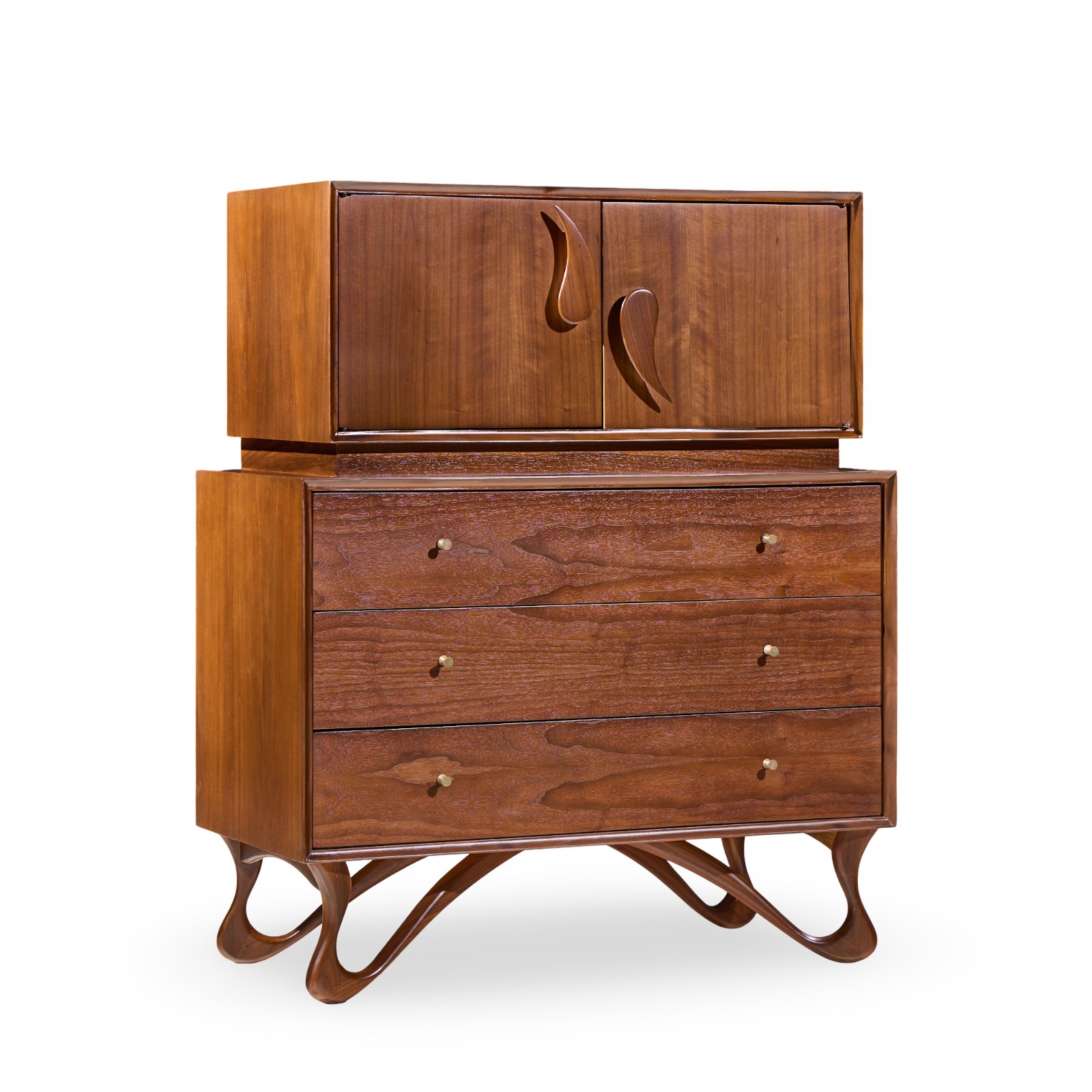 Vladimir Kagan Style Mid Century Sculpted Walnut Highboy Dresser
