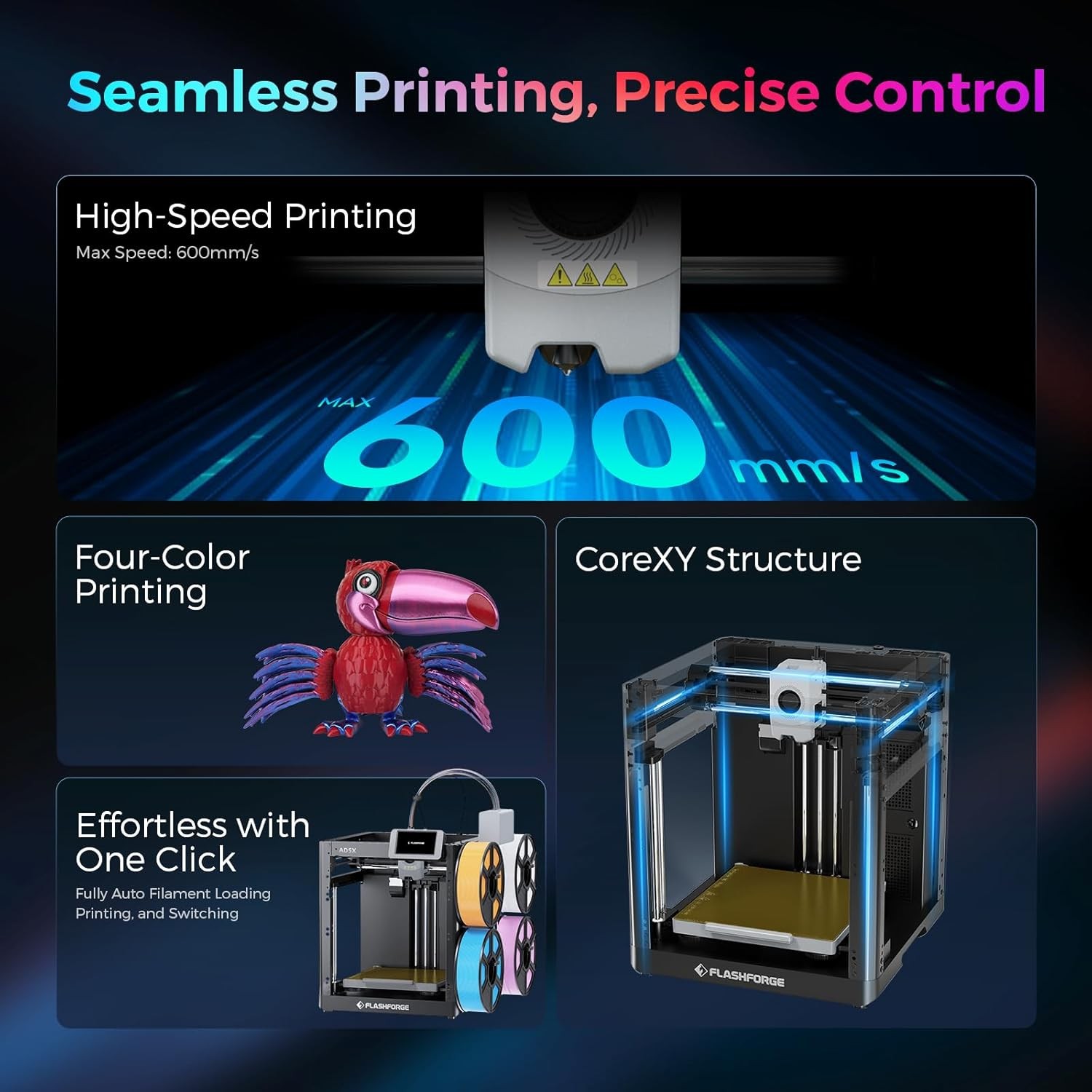 FLASHFORGE AD5X Multi-Color 3D Printer 4 Colors W/ IFS Max 600mm/s Auto Leveling