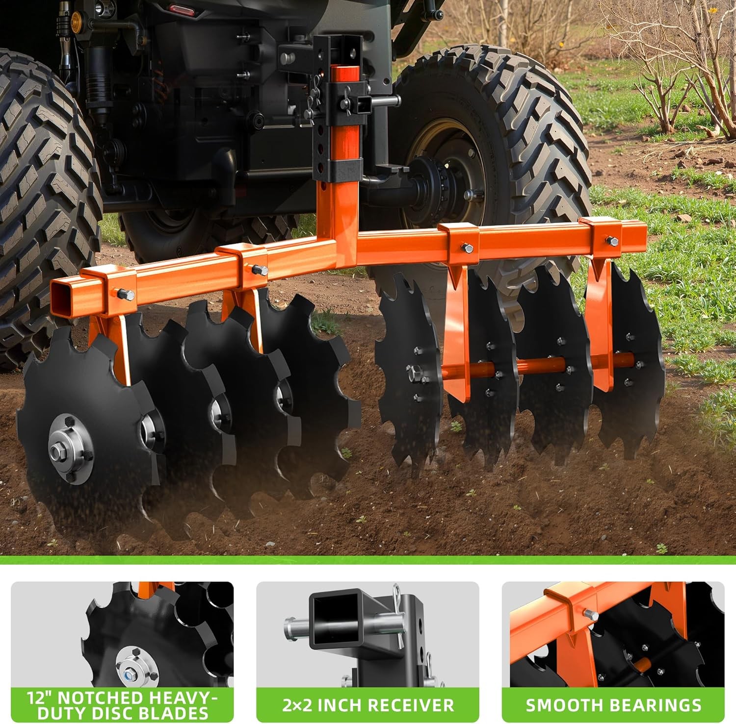 Heavy-Duty 32" Cut Width Disc Plow Harrow with 2" Receiver for ATVs/UTVs Orange