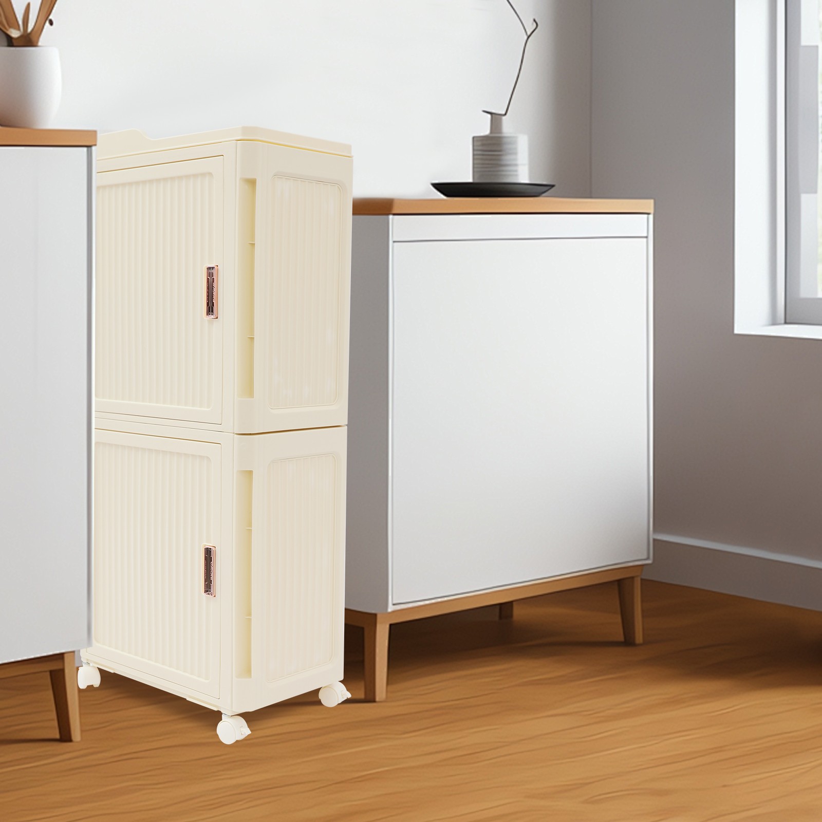 Narrow Slim Storage Cabinet, Storage Cabinet with Lockable Wheels PP 37*22*83cm