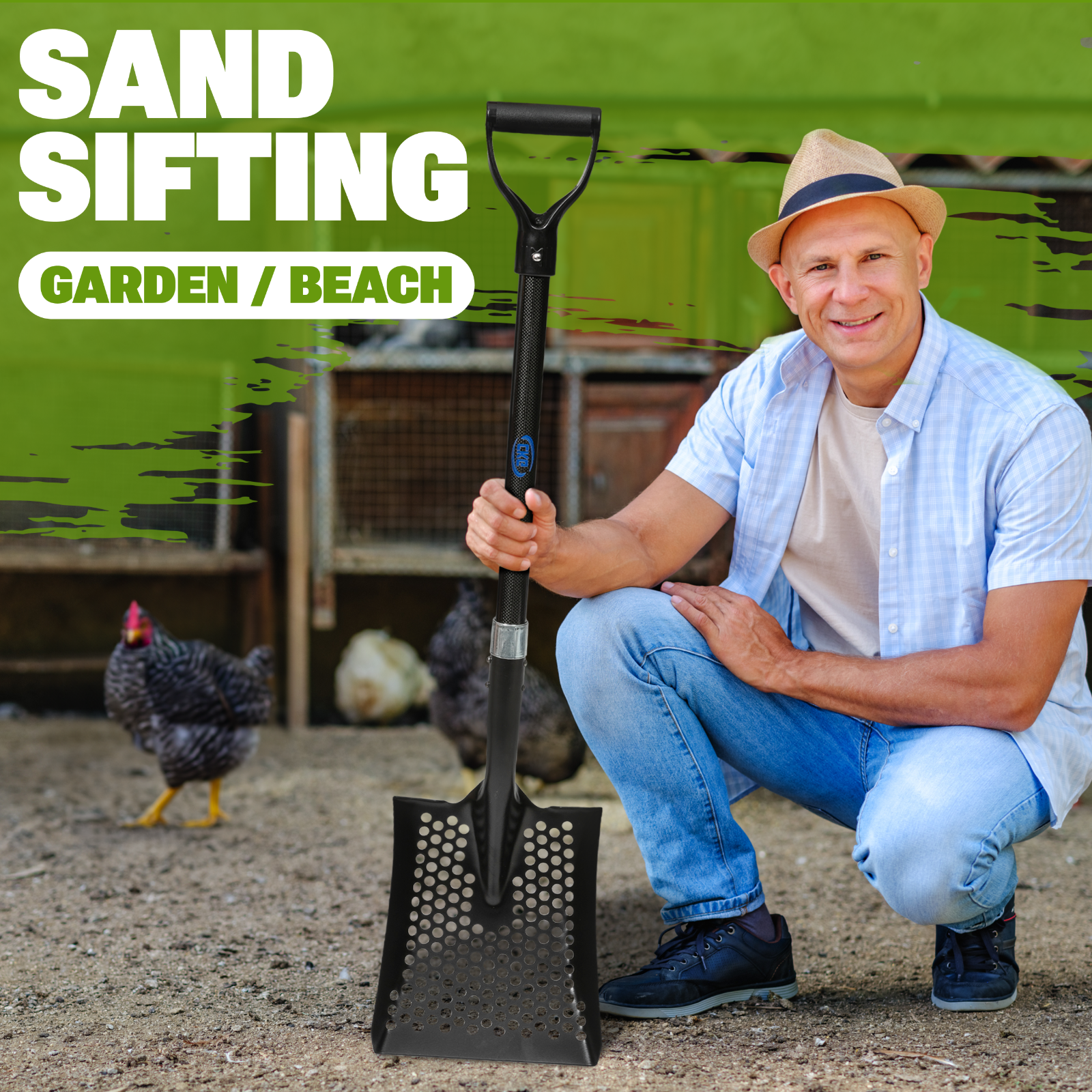 CKG Carbon Sand Sifter Shovel for Beach and Chicken Poop Scooper, Black