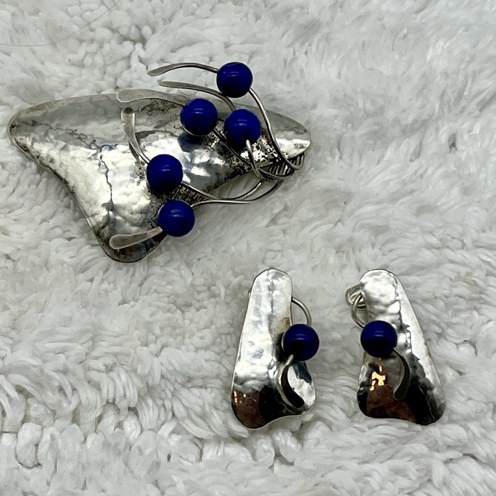 Sterling Silver Jewelry Set Brooch Earrings Lapis Modernist Signed Jean Newlin