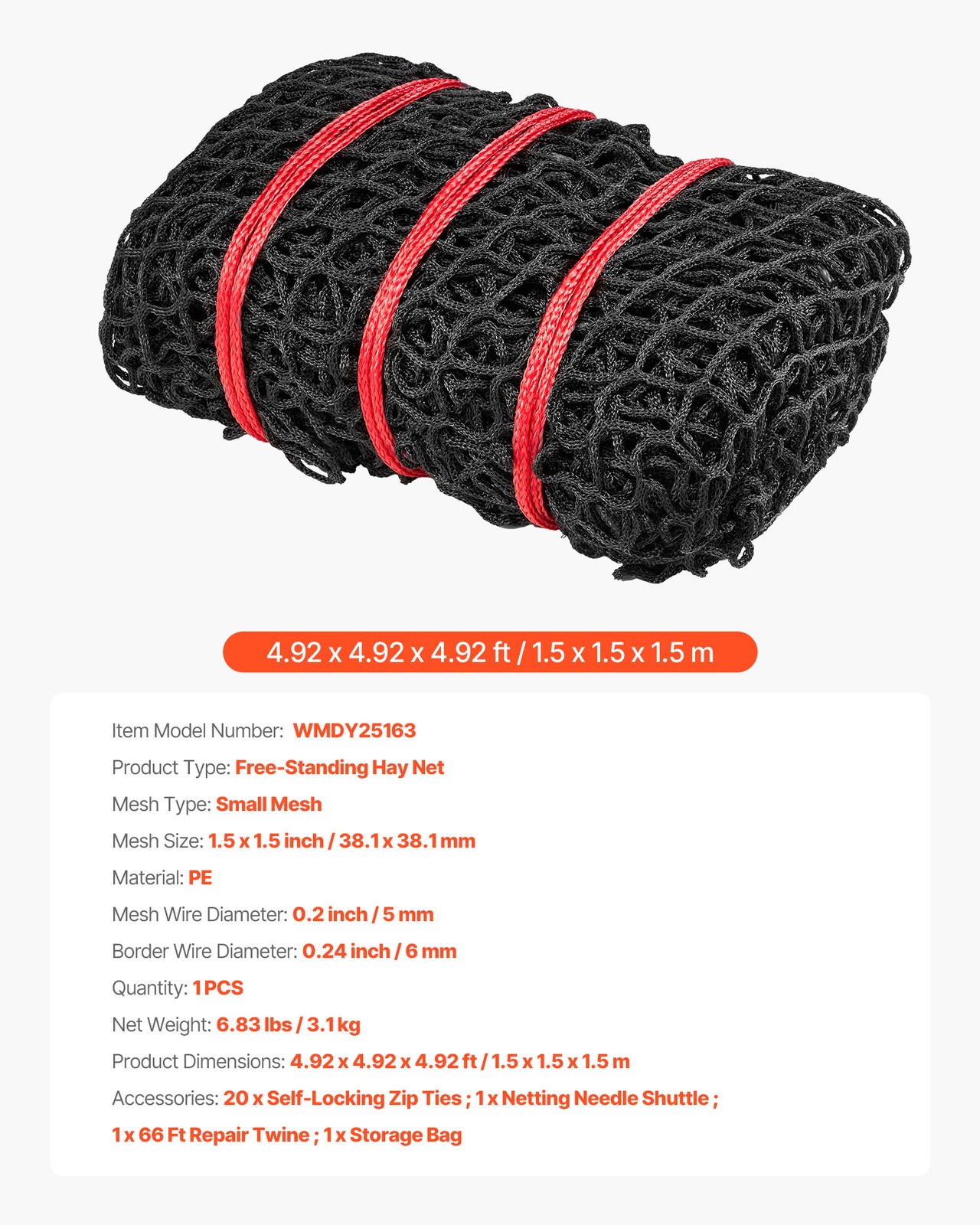 VEVOR Round Bale Hay Net Slow Feeder Round Bale Net for Horses 4.92 x 4.92 ft