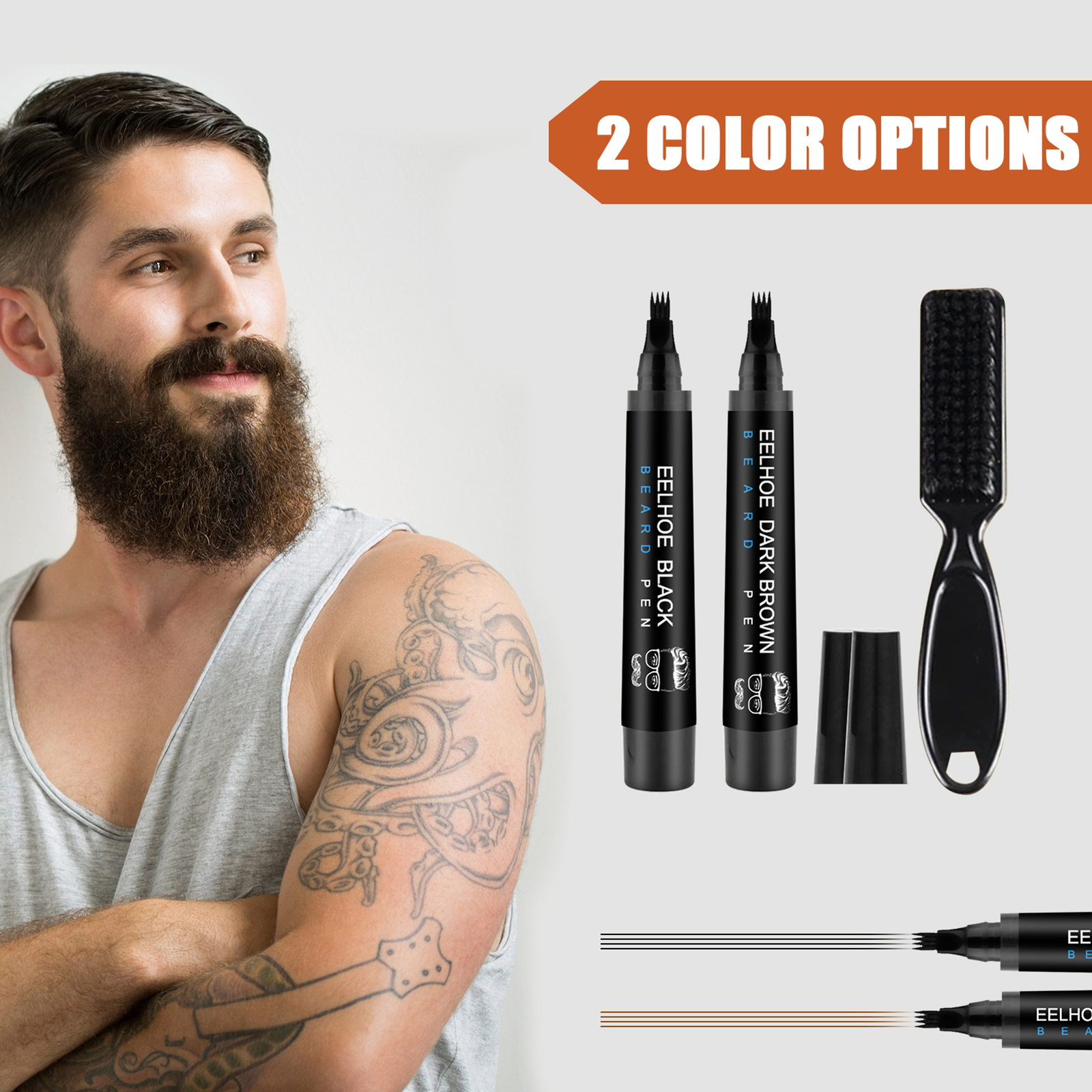 2× Waterproof Beard Pencil Filler Long Last Hair Grower Moustache Eyebrow +Brush