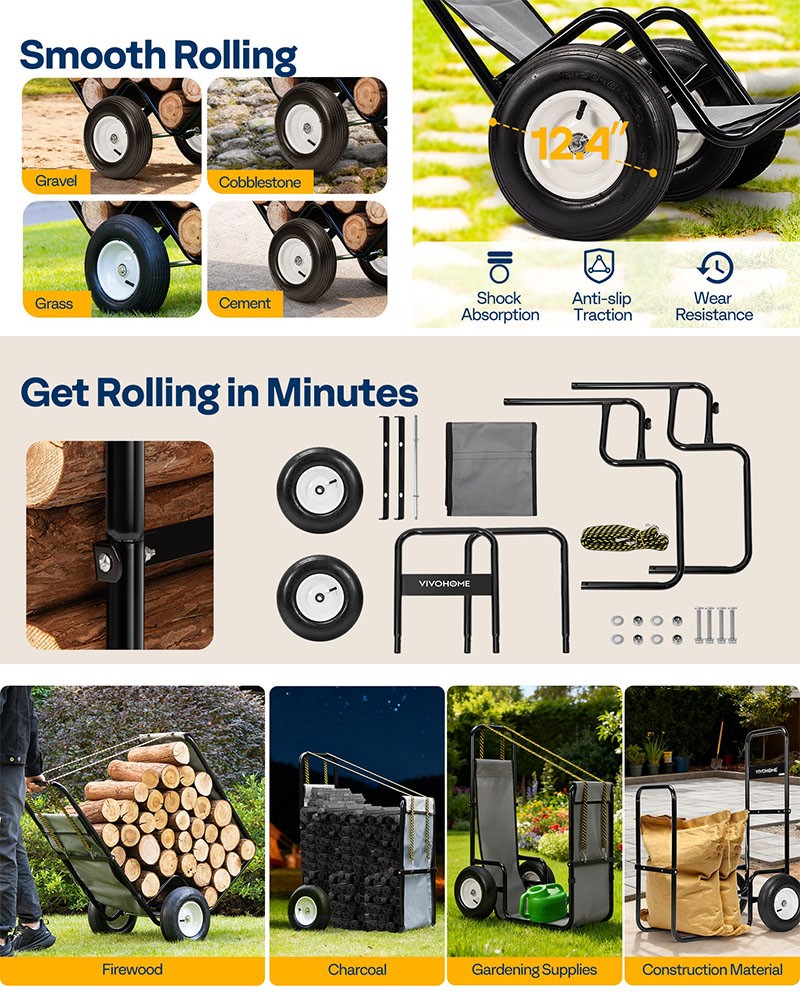 Firewood Log Cart Carrier with Rubber Wheels X-Large 300lbs Wood Mover Hauler