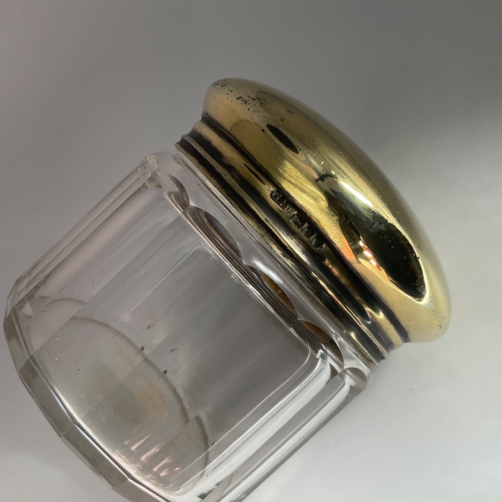 Antique London Gilt Sterling Silver Cut Glass Dresser Jar 1909 Norman Marshall