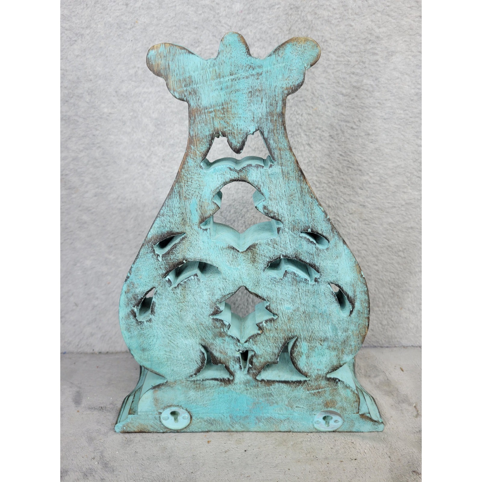Set of 2 Ornate Carved Wooden Shelves Decor Accent Teal Distressed 13"