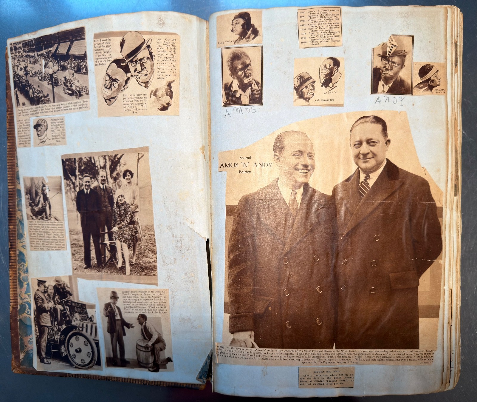 Large Newspaper Clipping Scrapbook NY/NJ 1920s-30s on 1840s Leatherbound Ledger