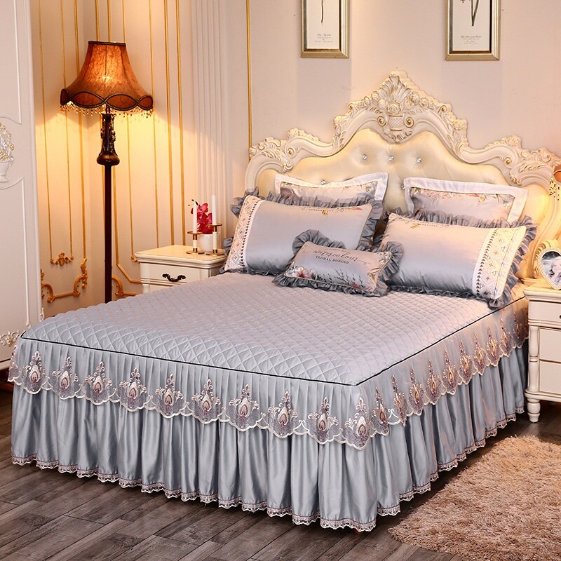 Princess Quilted Bed Skirt Lace Ruffle Bedcover Cotton Bedspread Sheet Bedding