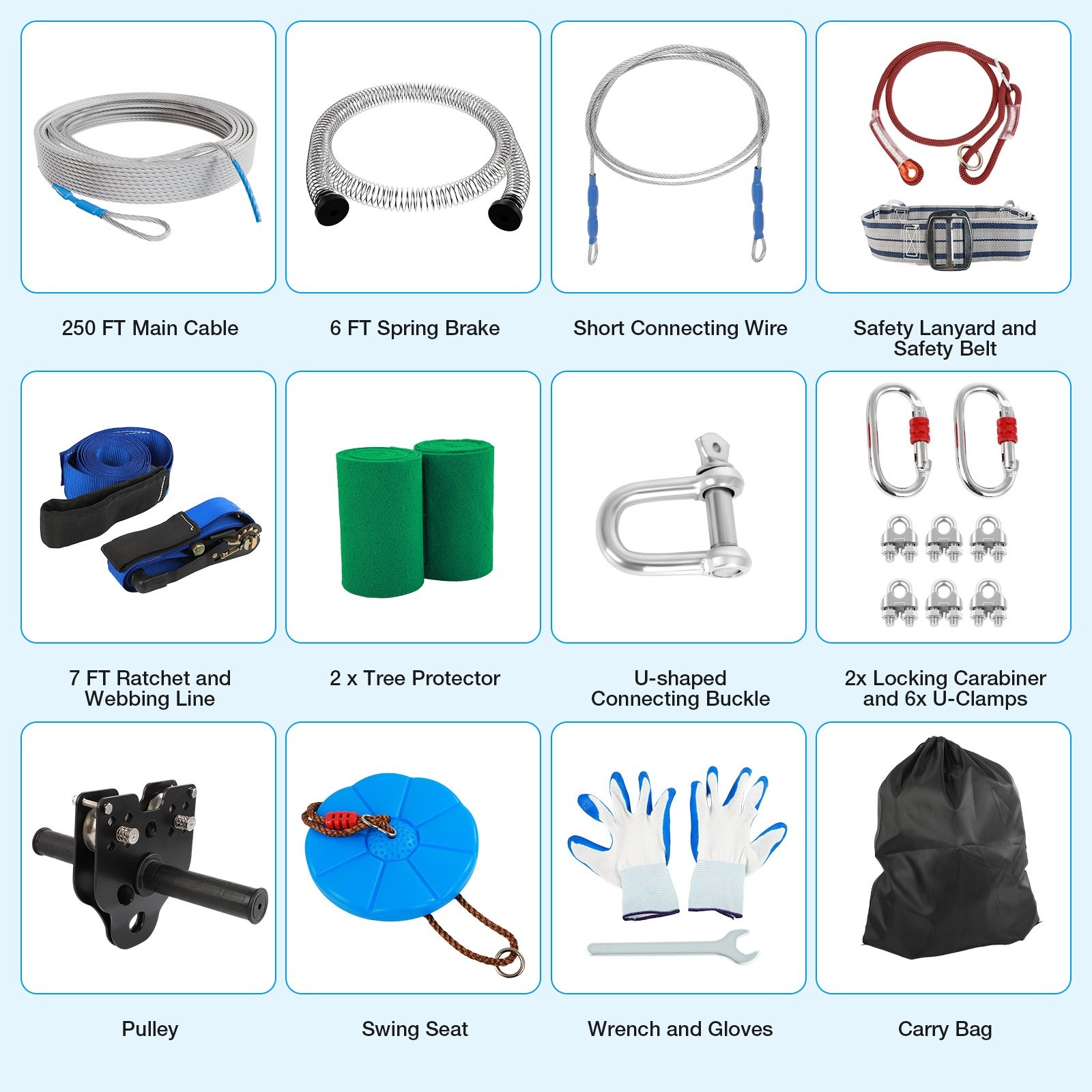 250FT Zipline for Backyard Kids - Up To 400LBS Quickly Tighten Zipline Kit